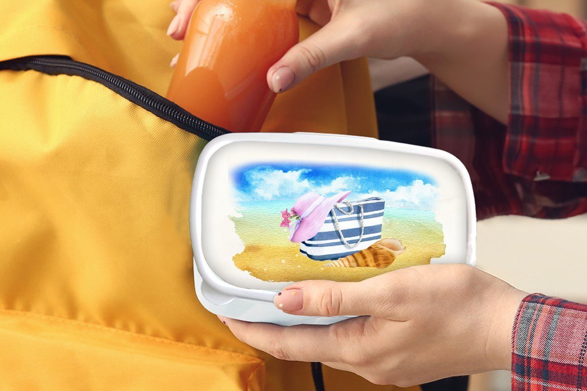 Strand, - Kunststoff, Jungs Erwachsene, und für Lunchbox Kinder weiß Hut Brotdose, - (2-tlg), Brotbox Mädchen und - MuchoWow Muschel für Tasche