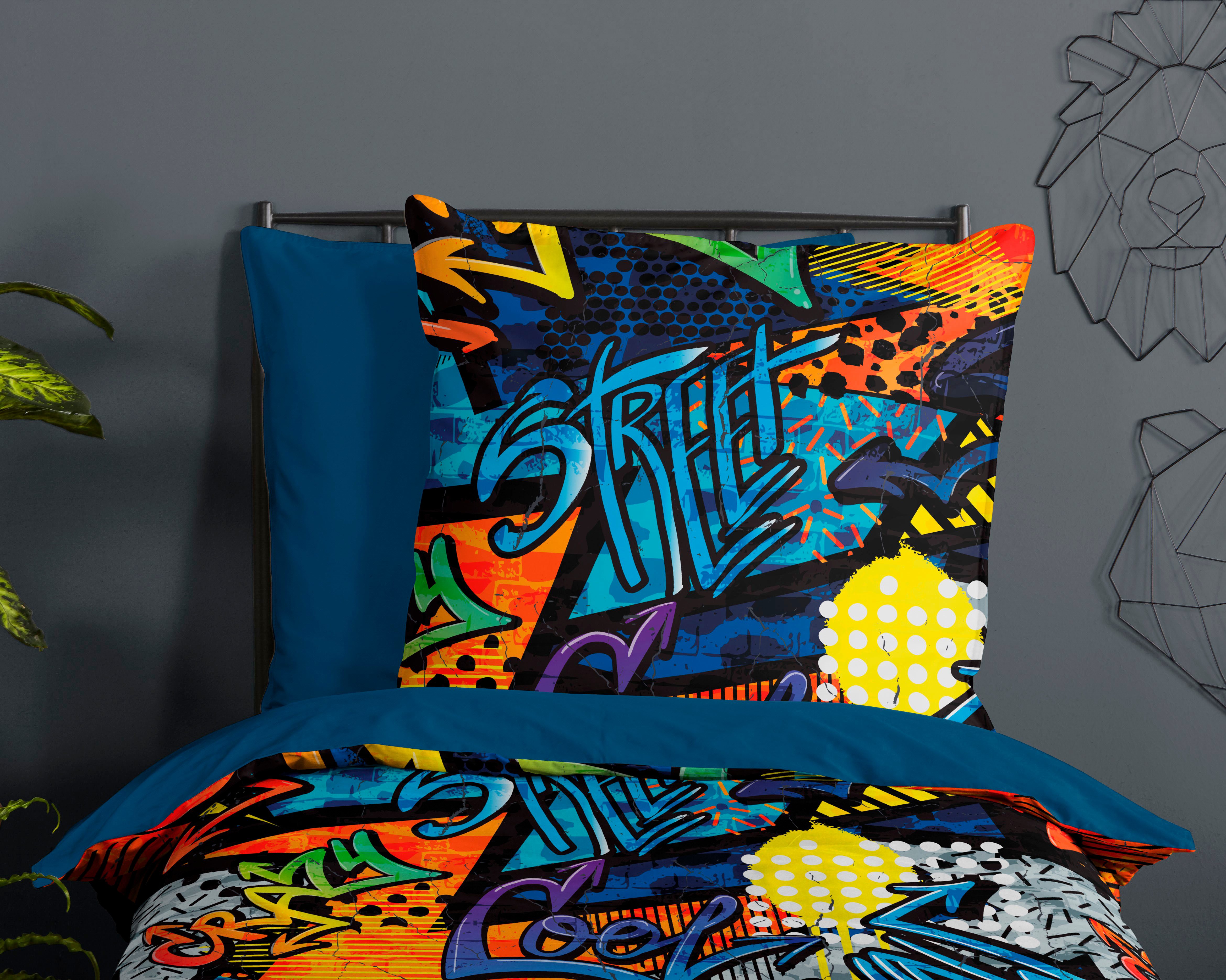 PURE luxury collection Kinderbettwäsche Jeff, Microfaser, 2 teilig, Mikrofaser, 135x200, Reißverschluss, Wendeoptik, Junge, Kind, Graffiti