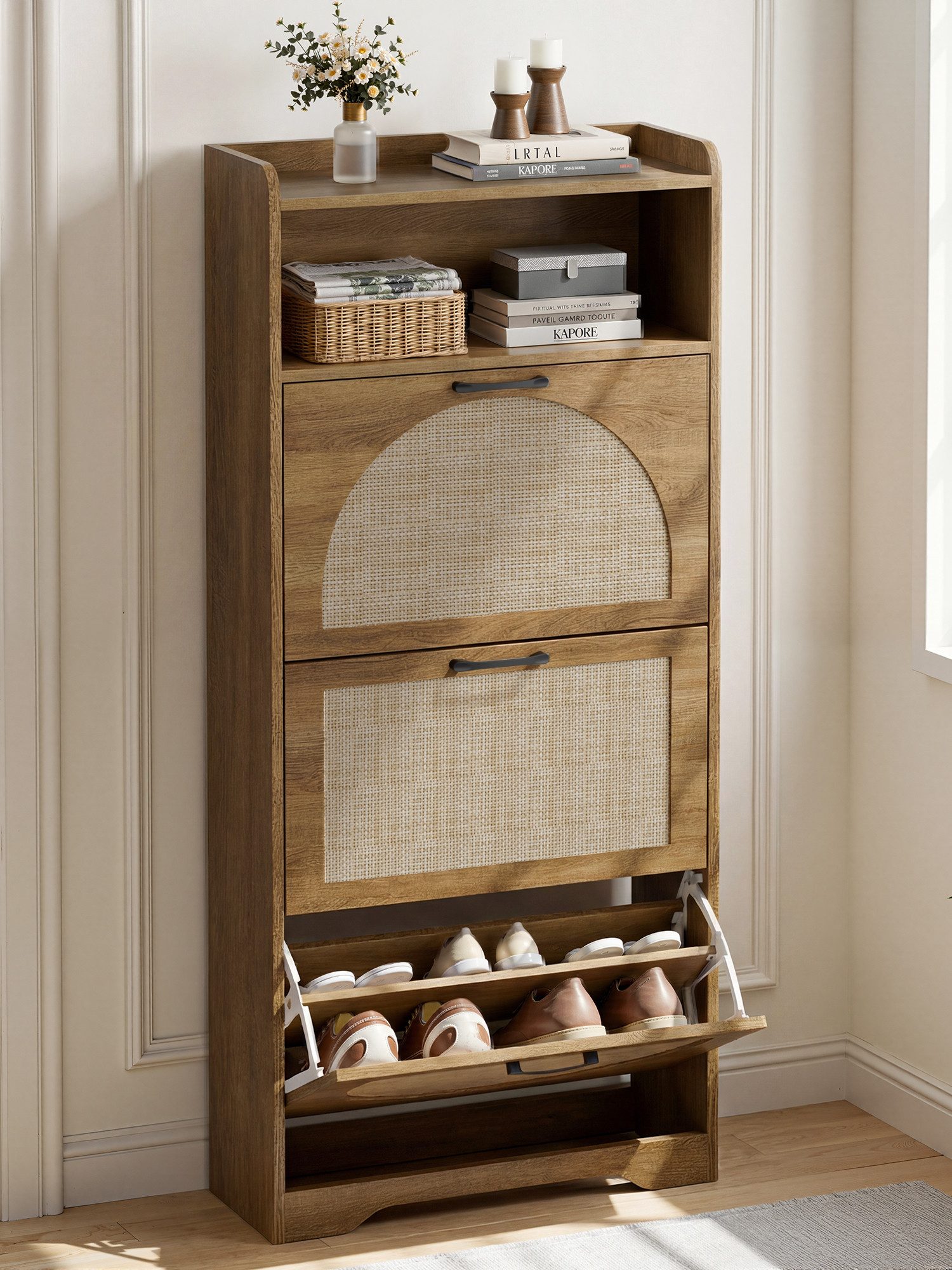FiveWillowise Schuhschrank mit Rattan-Finish, 3 Türen & offenem Bereich, Braun, 60 × 24 × 137 cm (1-St) mit verstellbaren Fächern, ideal für Diele, Wohnzimmer und Flur