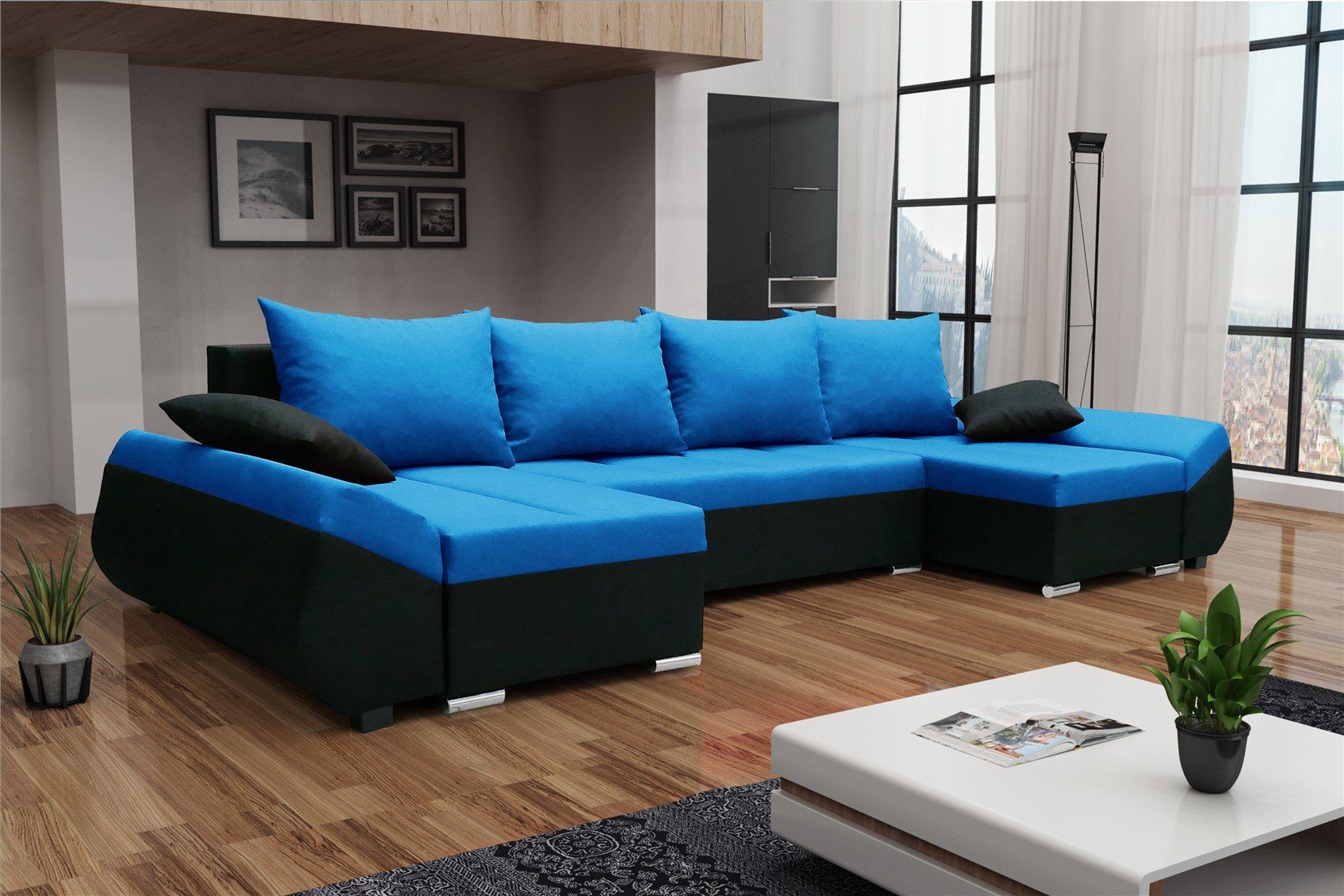 Wohnlandschaft Fun KLEO U-Form Rückenkissen in Sofa mit Stoff, Schwarz-Blau in Zierkissen, inkl. Bettkasten und Möbel