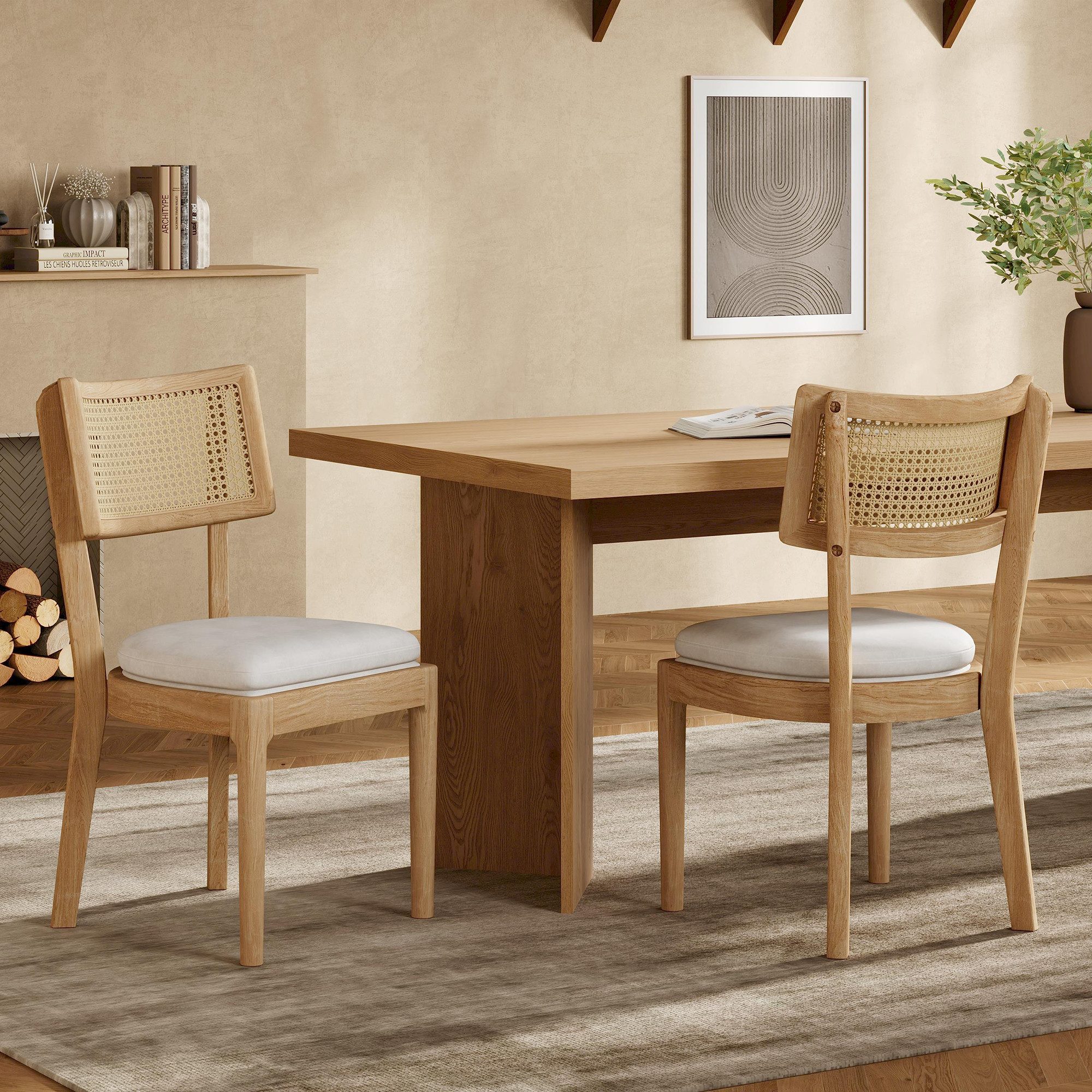 OKWISH Esszimmerstuhl mit Rattan-Rückenlehnen (Set, 2 St), aus Massivholz, Samtkissen