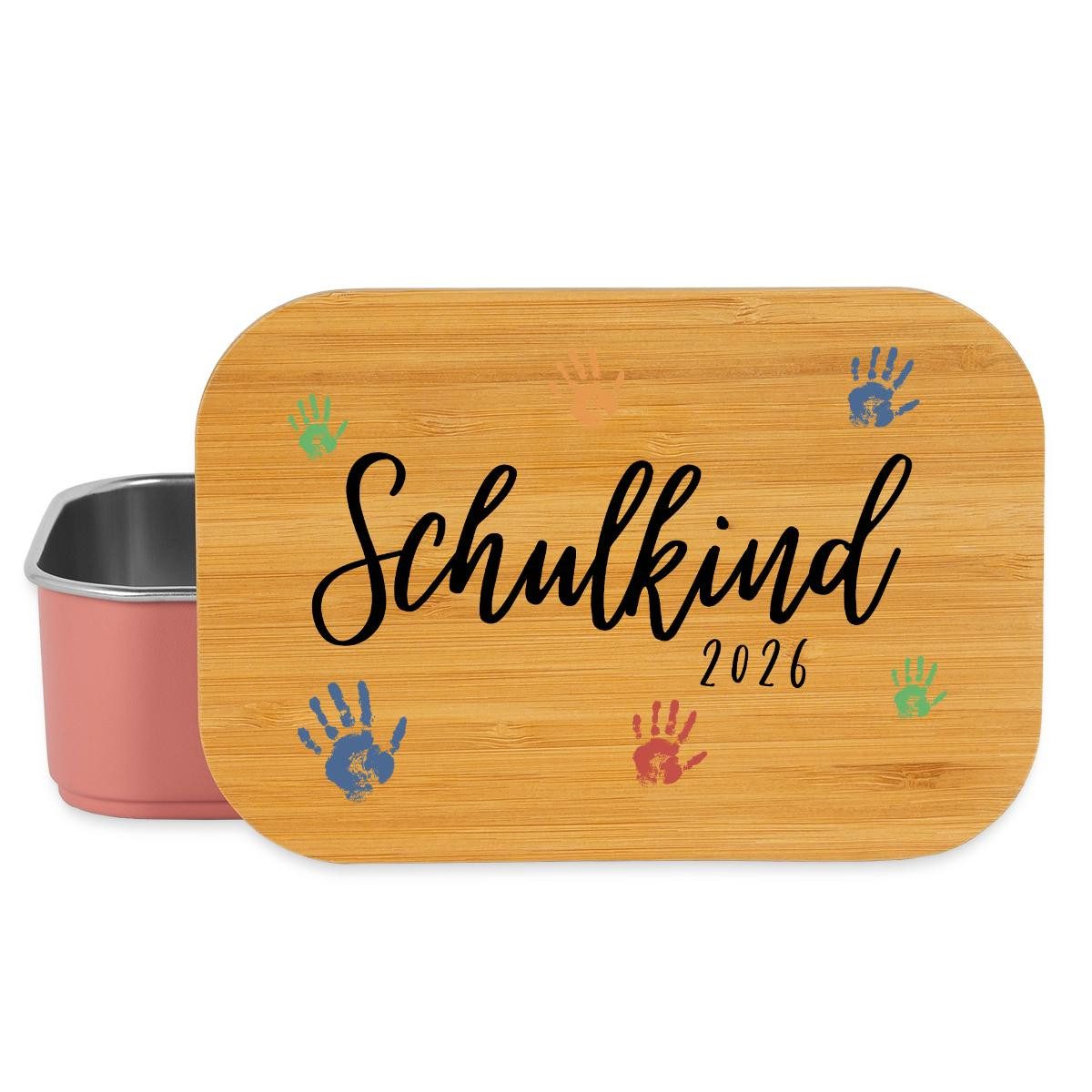 Spreadshirt Lunchbox Schulkind 2026 Bunte Handabdrücke Einschulung Brotdose mit Bambusdecke, Edelstahl, Bambus