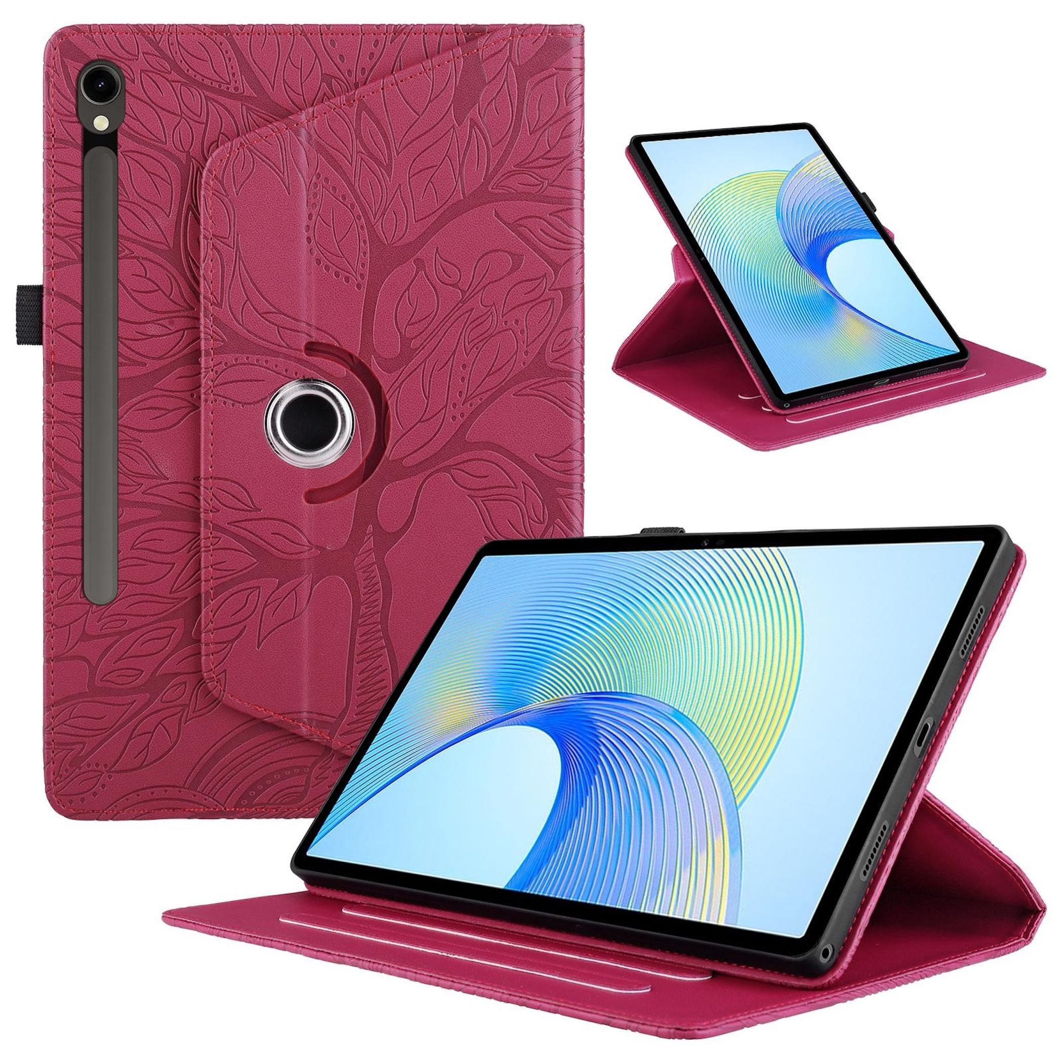 Wigento Tablet-Hülle Für Samsung Galaxy Tab S10 FE Plus 360 Baum Kunstleder Tasche Rot, 360° Drehfunktion, Baum des Lebens Motiv, Standfunktion