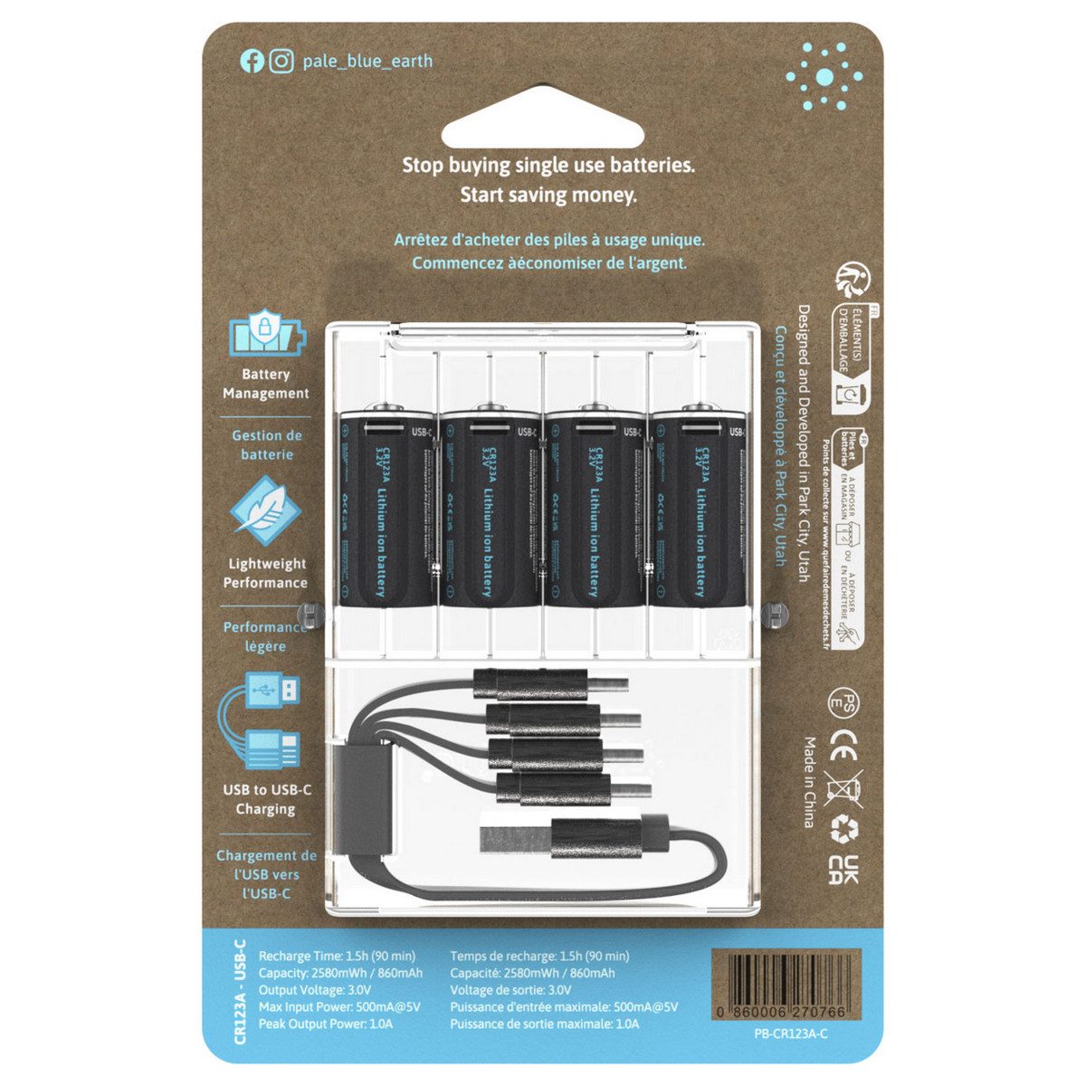 Paleblue Akku CR-123A (1,5 V), USB-C-Ladeanschluss direkt im Akku
