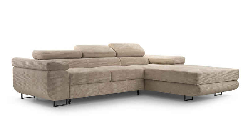Furnix Ecksofa NILLONA L-Sofa Polsterecke mit Schlaffunktion Bettkasten, elegant, topaktueller Cord-Polsterstoff, Maße 280x90x203 cm, Metallfüße