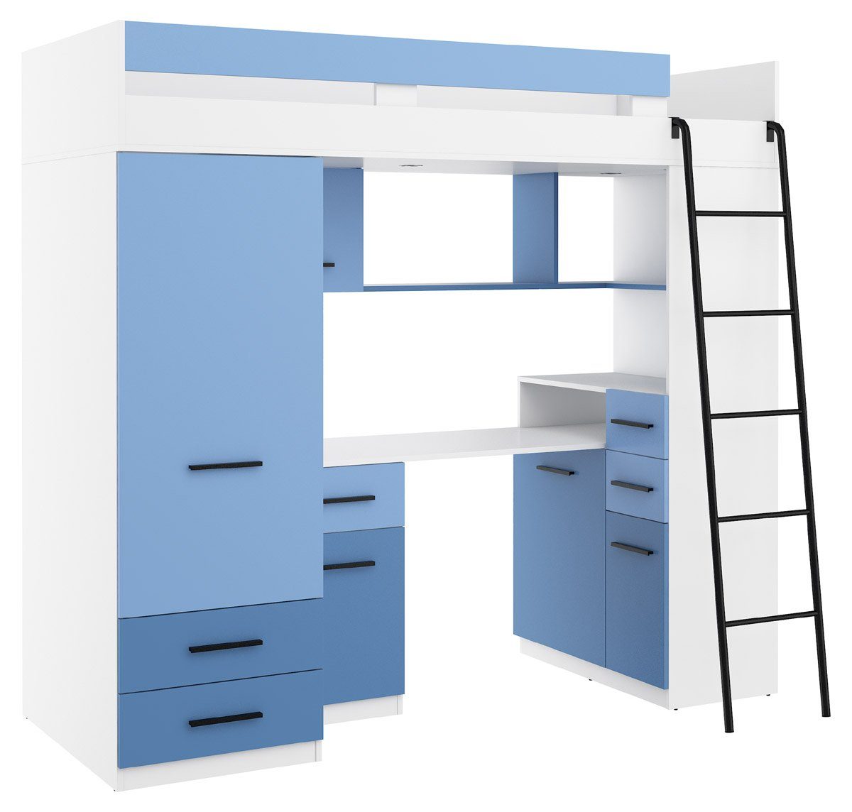 und Breite Himmelblau Schränke, Spiegel Schreibtisch, Tremosina Matt Regal, integrierte Hochbett Hochbett Domando 204cm, Weiß