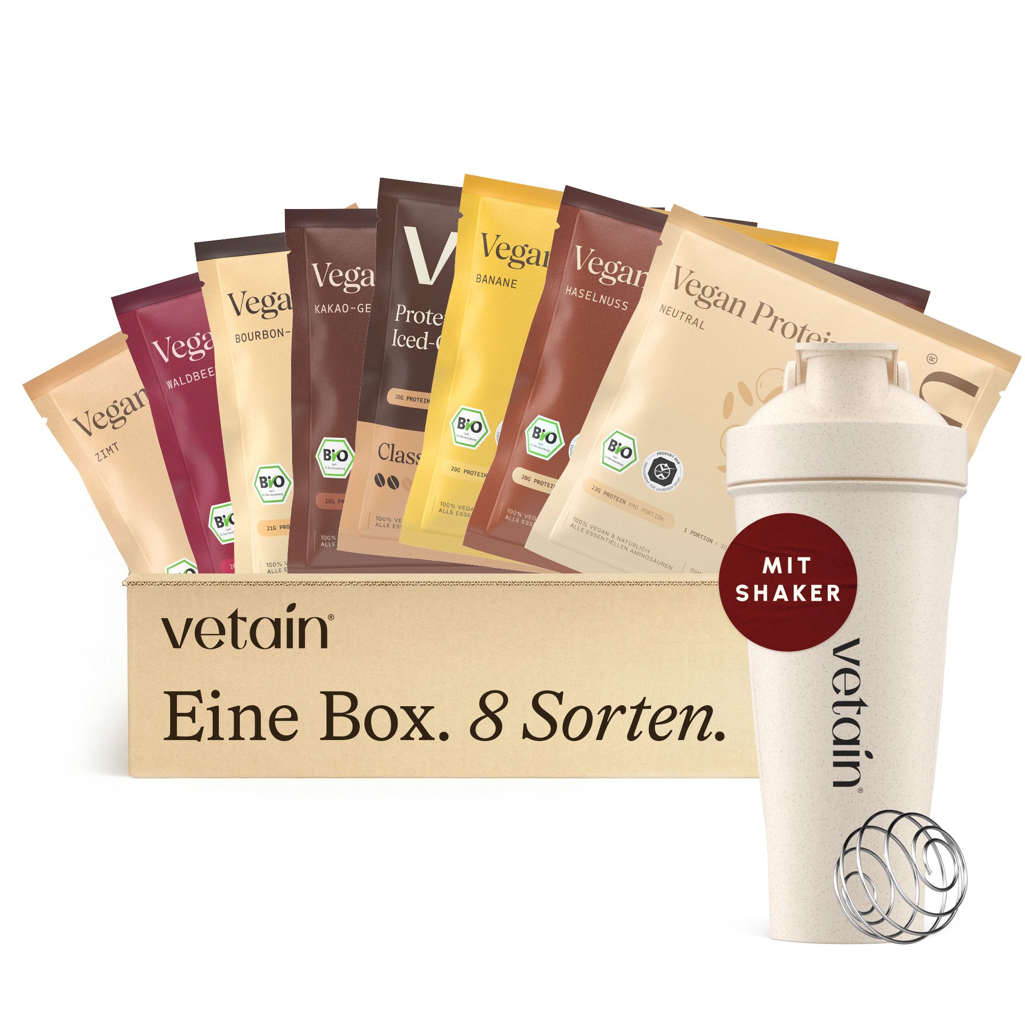 VETAIN Protein Pulver Probierpaket + Shaker - 8 x 30g - 100% Bio & Vegan - Pulver, Fermentiert, frei von raffiniertem Zucker & künstlichen Süßstoffen