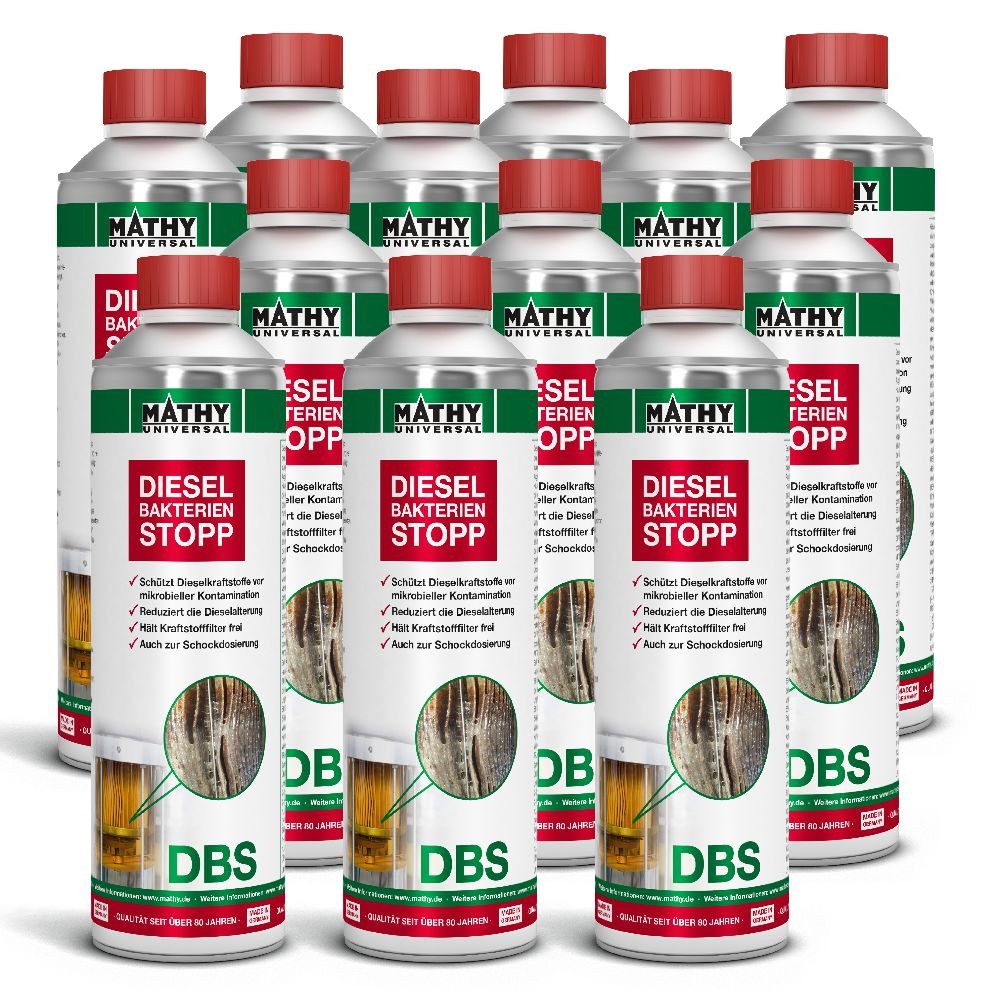 MATHY Diesel-Additiv MATHY-DBS Diesel-Bakterien-Stopp 12 x 500 ml, 6,0 l, (12-St) Diesel-Zusatz gegen Dieselpest + mikrobiellen Befall