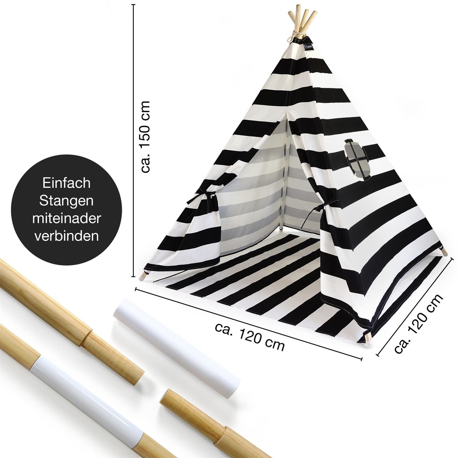 Hej Lønne Tipi-Zelt Tipi Zelt für Kinder schwarz gestreift Kinderzelt, (6er Set)