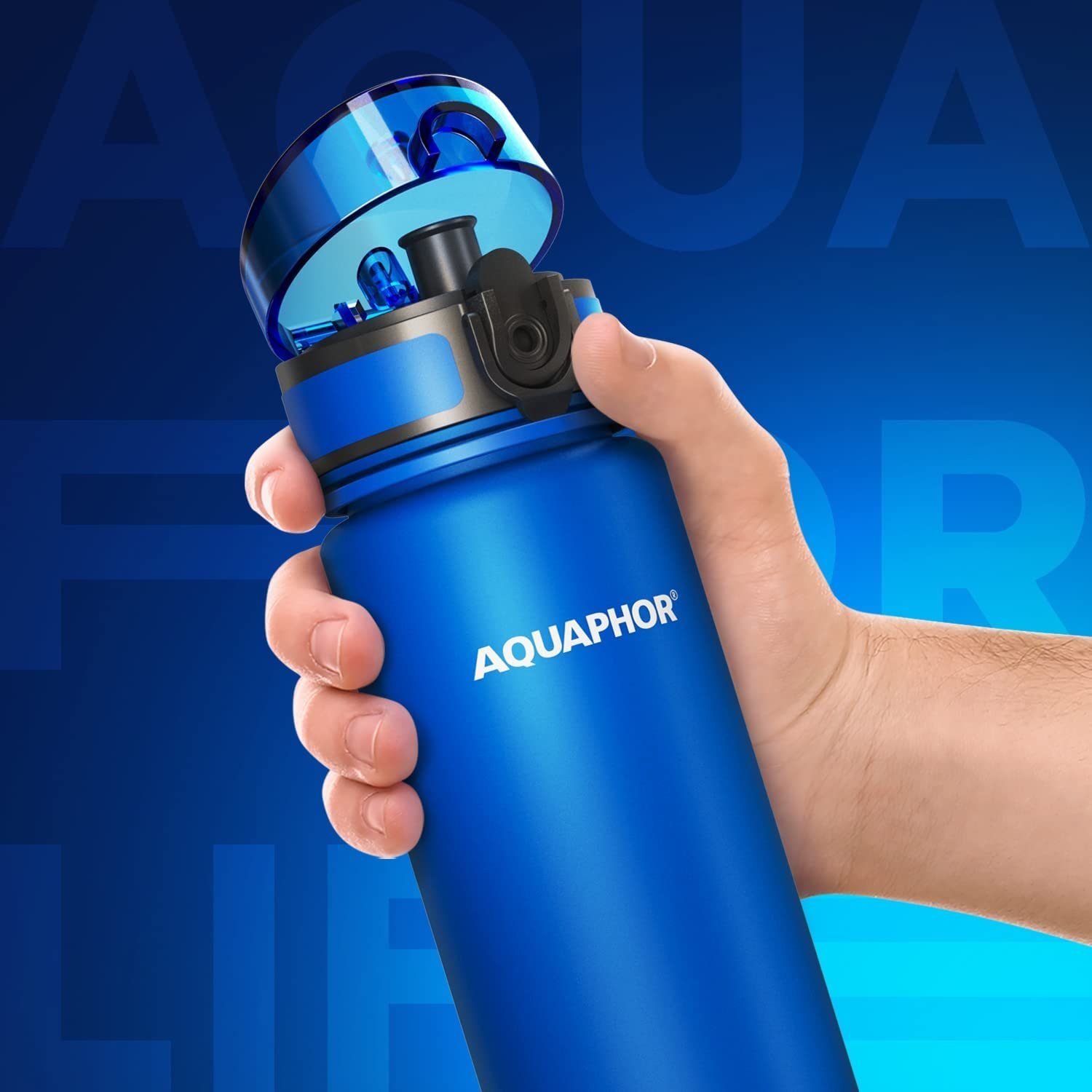Wasserfilter unterwegs, AQUAPHOR Farbe: 500ml., blau. mit Flasche Filter Trinkflasche Aktivkohle., für mit Wasserfilterflasche City blau