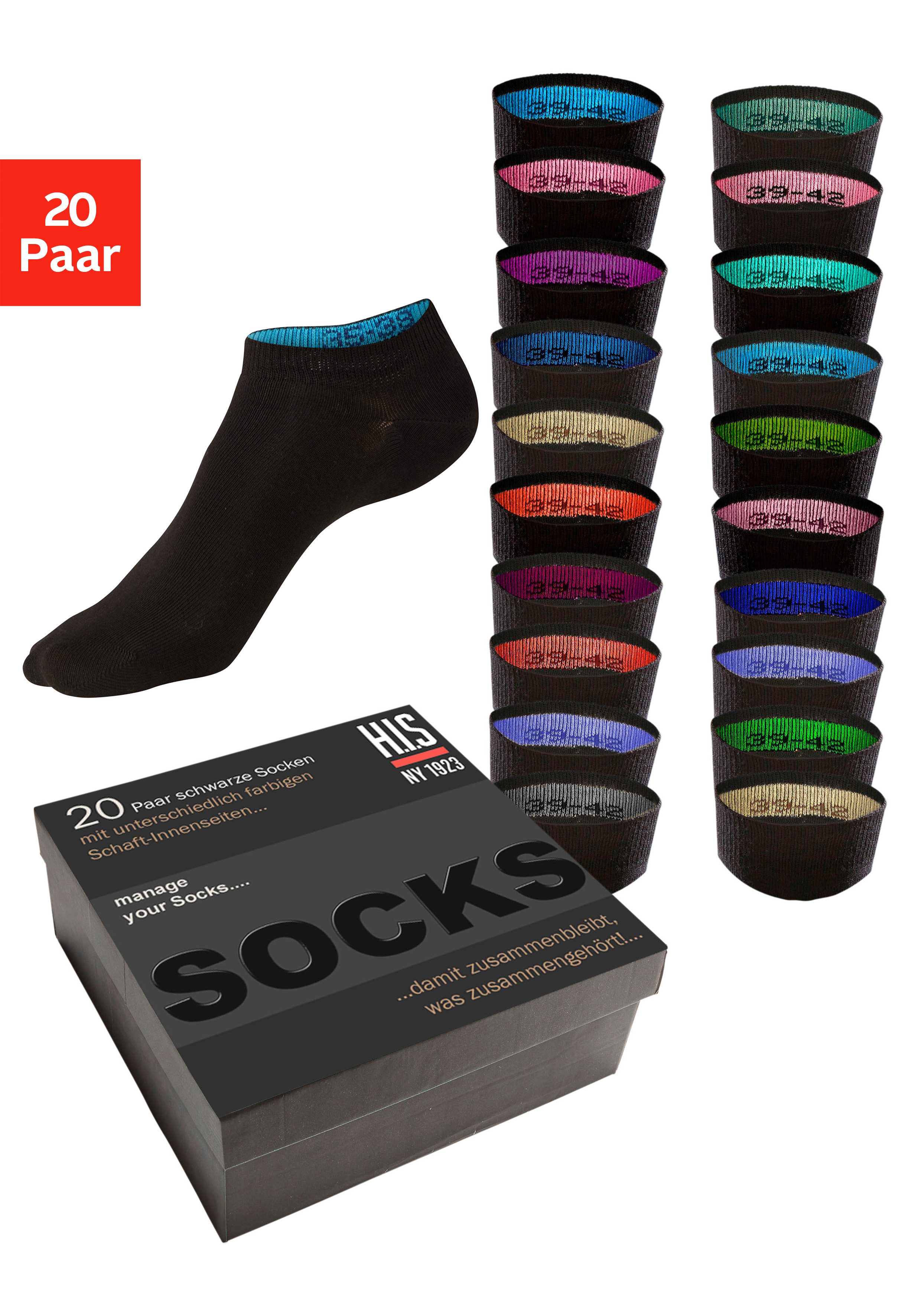 H.I.S Sneakersocken für Damen und Herren, perfekt zu sortieren, mit farbigen Innenbündchen (Box, 20-Paar, Gr. 35-38 bis 47-48) in praktischer Geschenkbox für Beruf und Freizeit