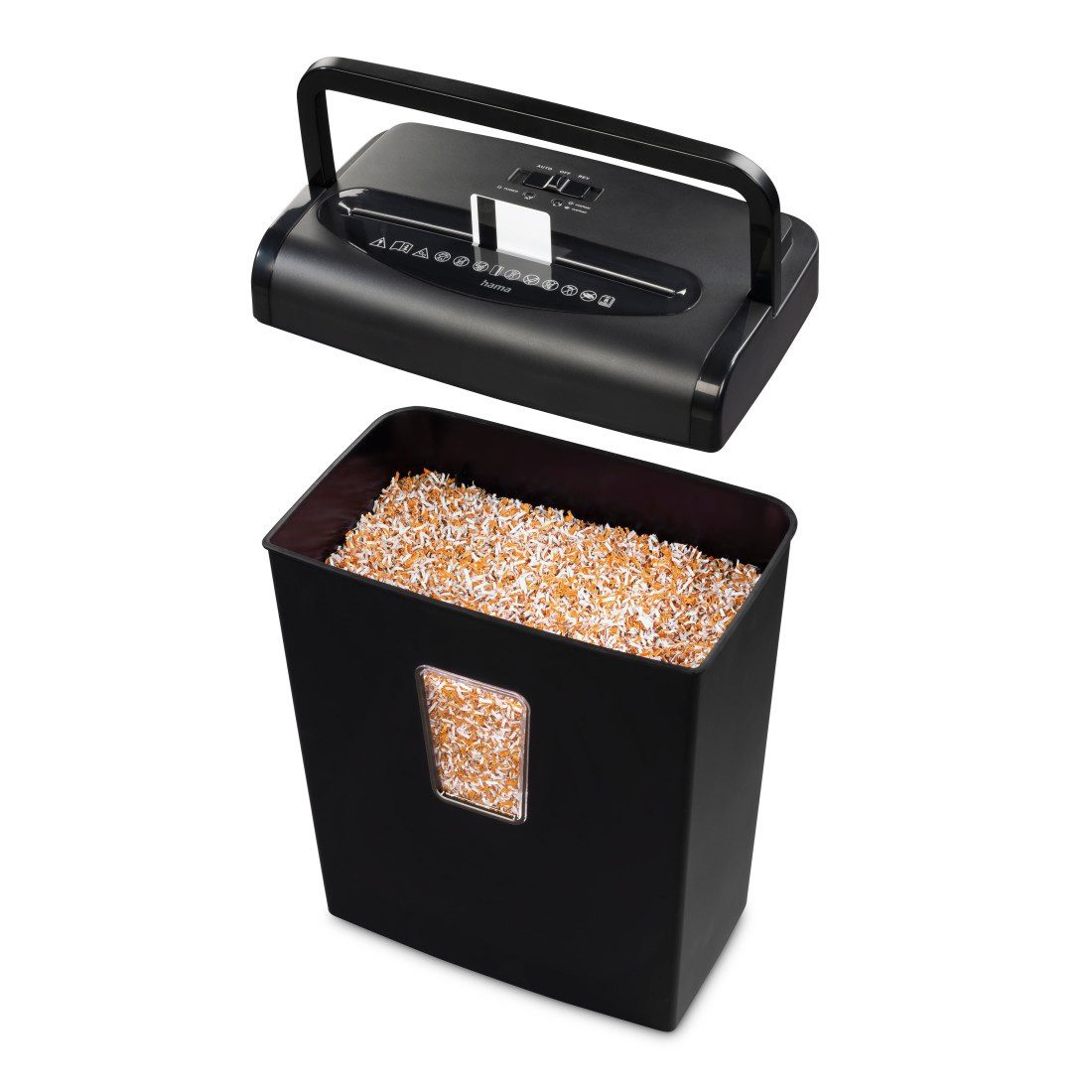 Hama Aktenvernichter Aktenvernichter Mikroschnitt (Papier + Plastik, Korb, 8 Blatt, P5), Mit Papierkorb, 2 x 12 mm Mini-Schnitzel, Automatik, Rücklauf