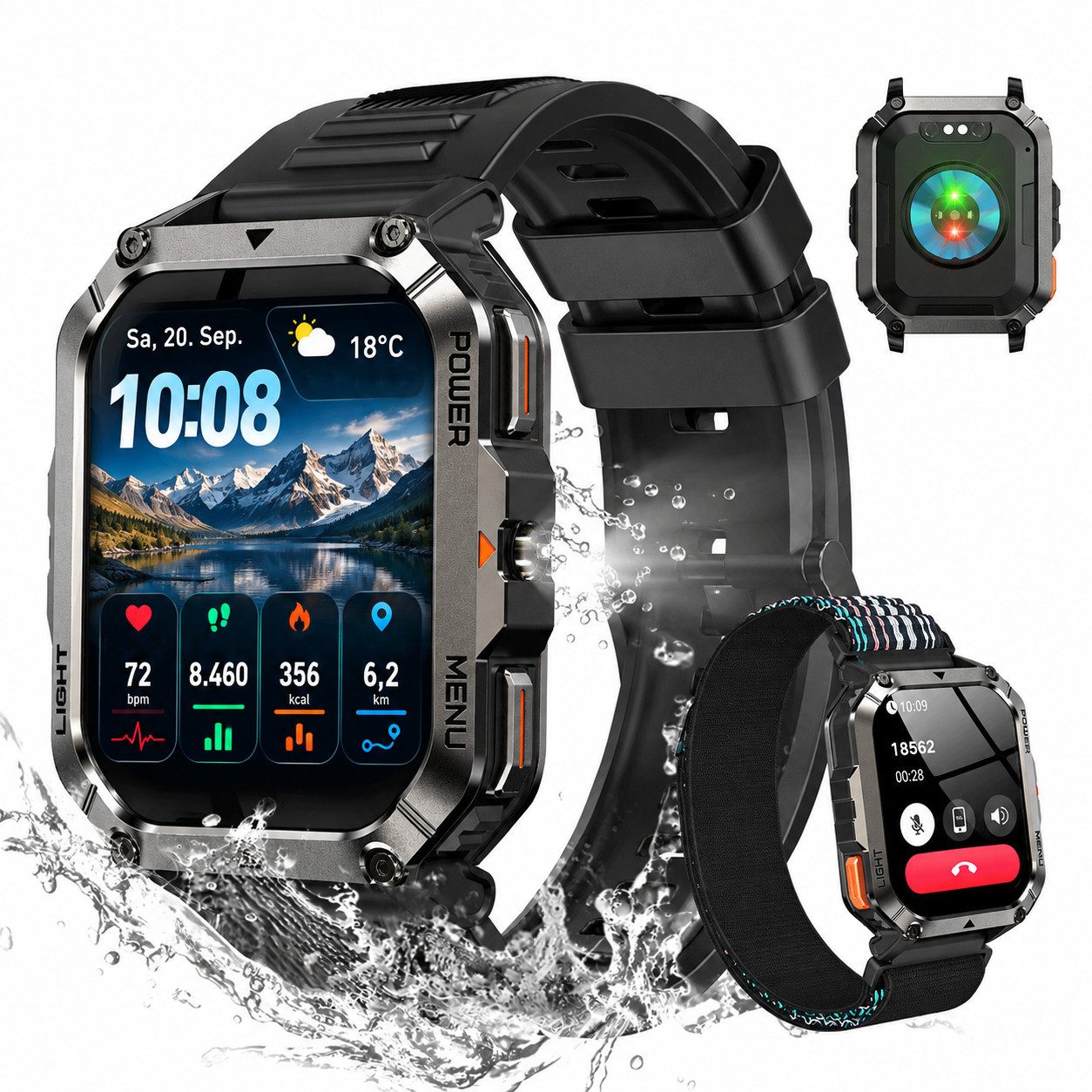 blackview Smartwatch herren mit 2,01" HD-Touchscreen, 900mAh Akku & 3 Armbändern Smartwatch (5.1 cm/2.01 Zoll, iOS/Android) Set, 1-tlg., 3xRiemen (Metallarmband+Silikonarmband+Geflochtenesband) und Ladekabel, Anrufe tätigen&empfangen,20 TageAkku,LED-Taschenlampe,Kompass,SOS,IP68