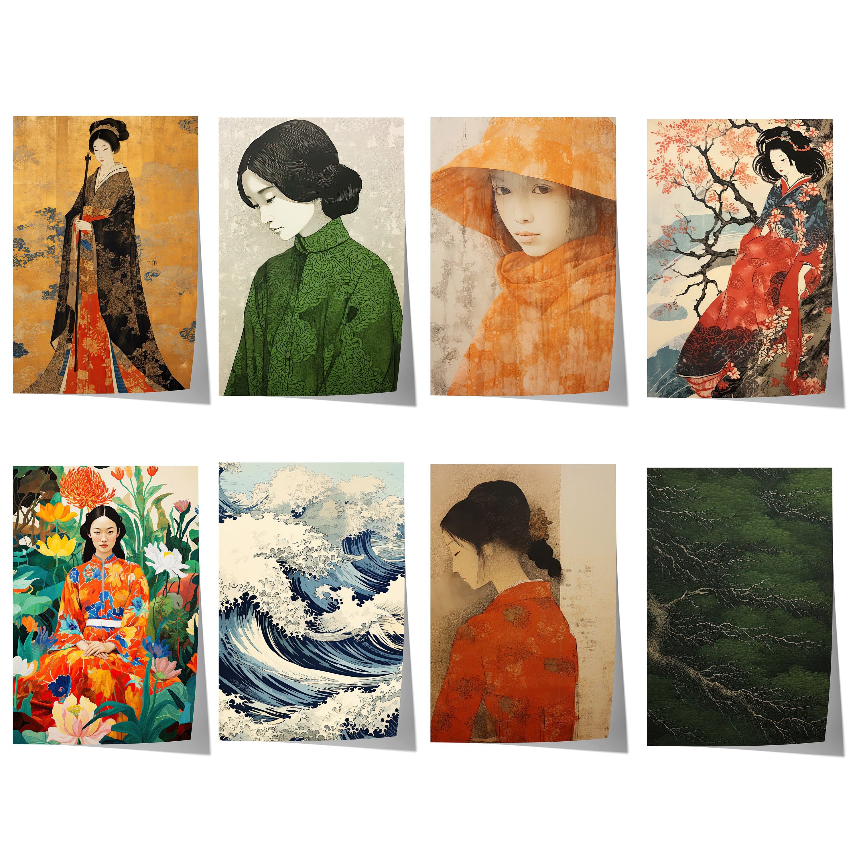 JUSTGOODMOOD Poster Japan Geschenkidee Geisha Porträts Wellen und Zen Kunst Dekoprint ohne, A (1 St)