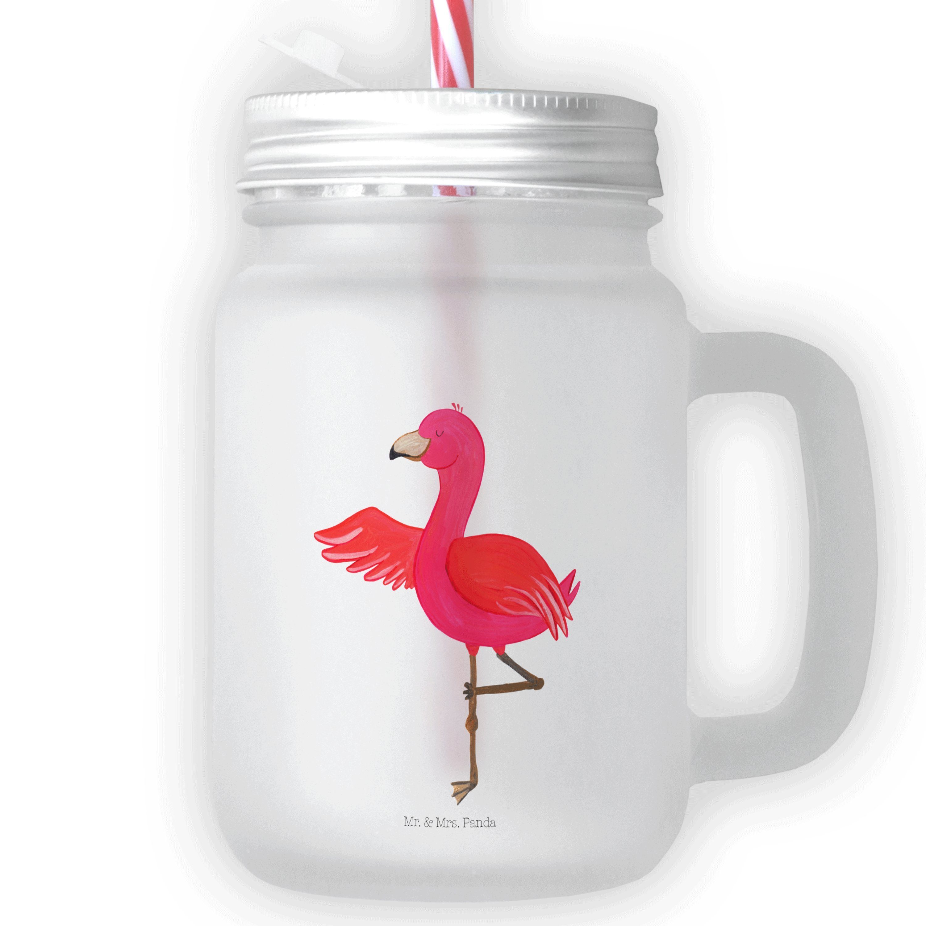 Mr. & Mrs. Panda Glas Flamingo Yoga - Transparent - Geschenk, Satiniertes Glas, Yoga-Übung, Premium Glas