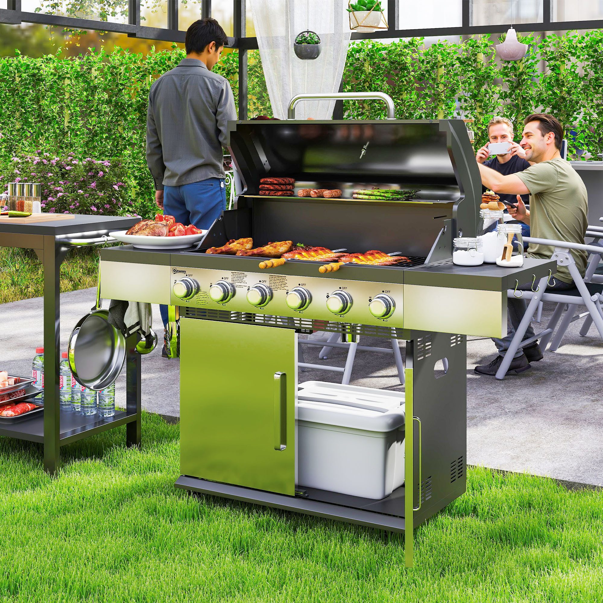 Outsunny Gasgrill inkl 6 Edelstahl-Brenner, Rolle, Thermometer, Seitenablage, Gartengrill aus Edelstahl, 8500BTU Grillwagen, für Balkon, Camping-Grill 143 x 55 x 110 cm