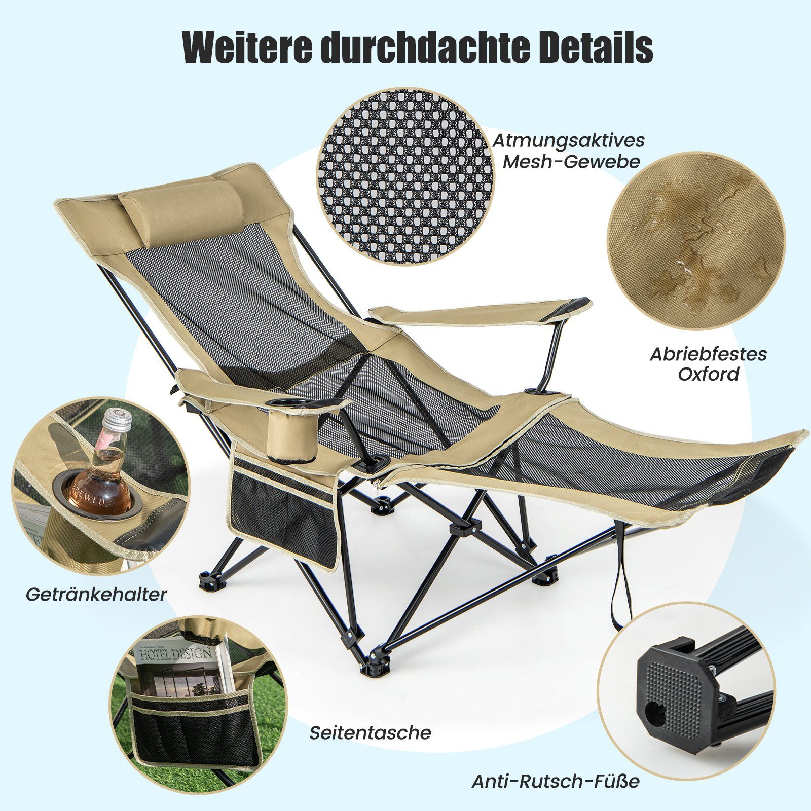 COSTWAY Campingstuhl Angelstuhl, faltbar mit Kopfstütze & Getränkehalter