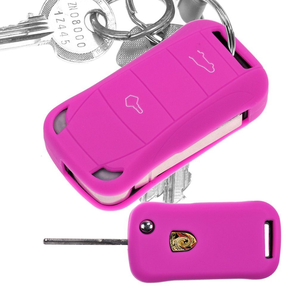 mt-key Schlüsseltasche Autoschlüssel Softcase Silikon Schutzhülle Pink, für Porsche Cayenne 955 9PA 2002-2012 2 Tasten Klappschlüssel