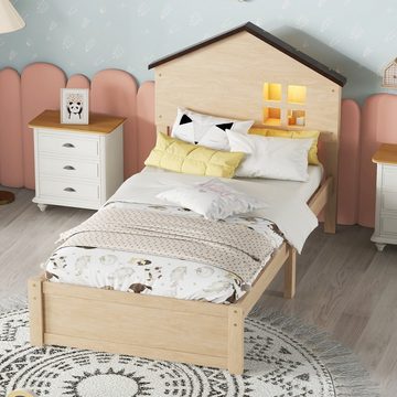 OKWISH Kinderbett hausförmiges, flaches Bett, kleine Fensterdekoration, LED-Nachtlicht (90*200cm), ohne Matratze
