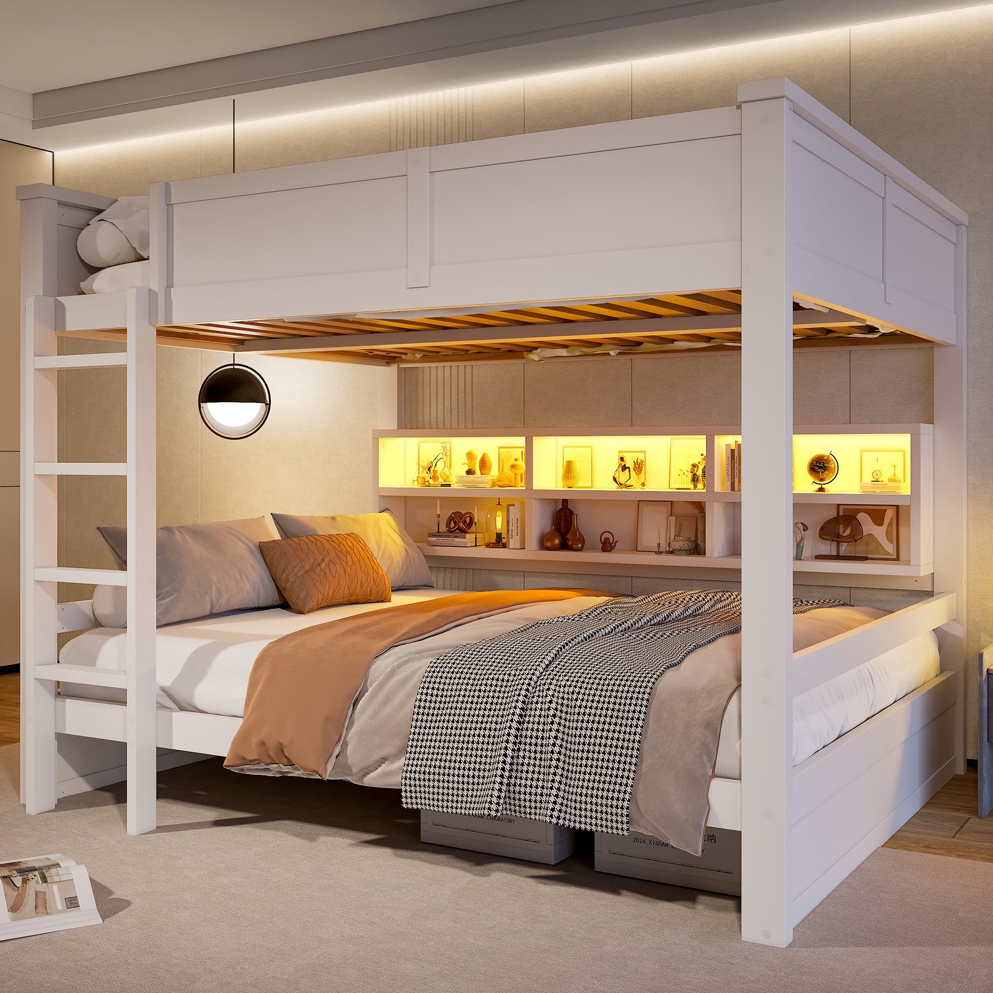 Merax Etagenbett mit LED-Beleuchtung (1-St), Massivholz Kinderbett 160x200cm mit 6 Staufächern, Leiter & Geländer
