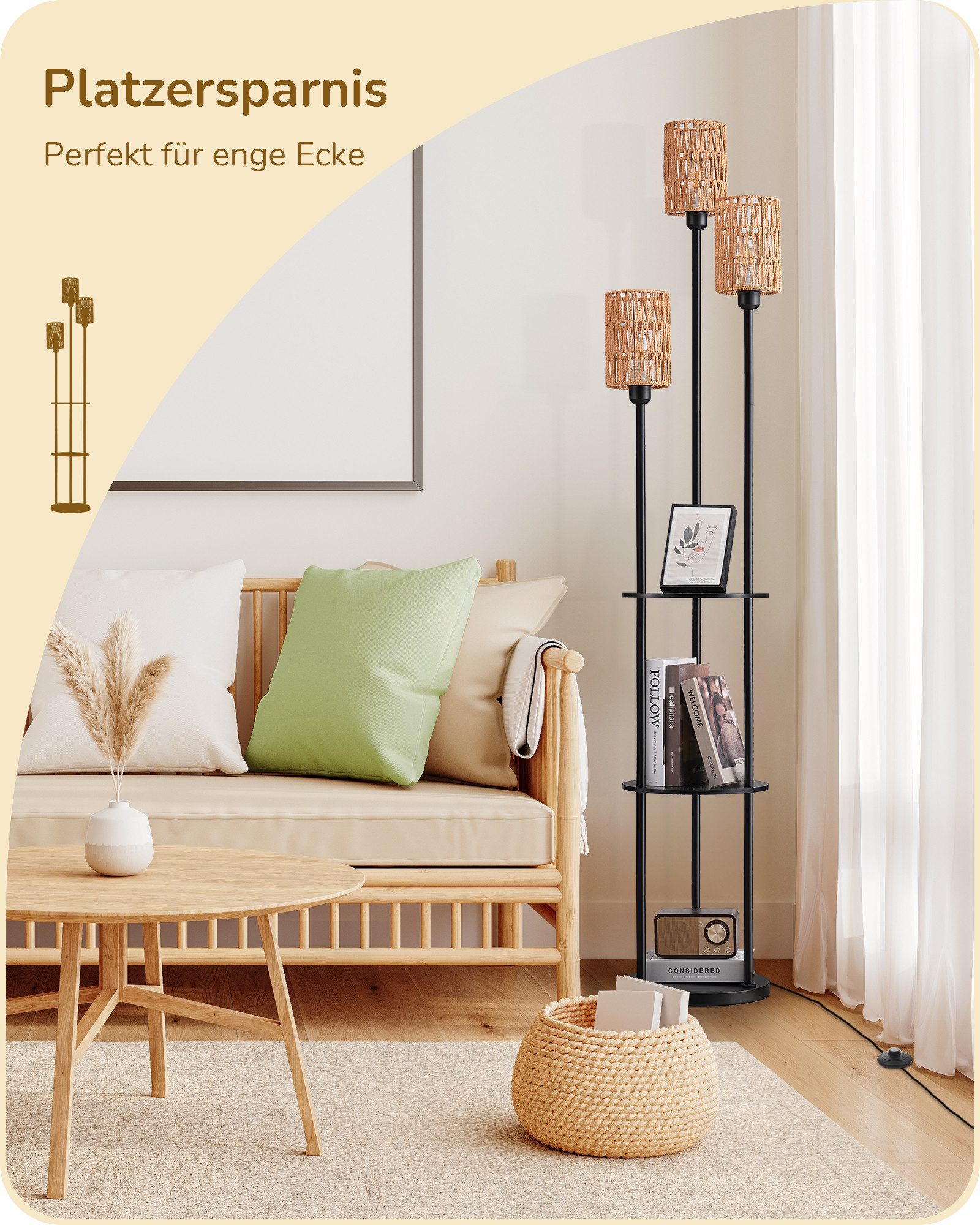 EDISHINE Stehlampe Wohnzimmer, LED wechselbar, warmweiß, Boho Stehlampe mit Ablage, 3-flammige Standleuchte