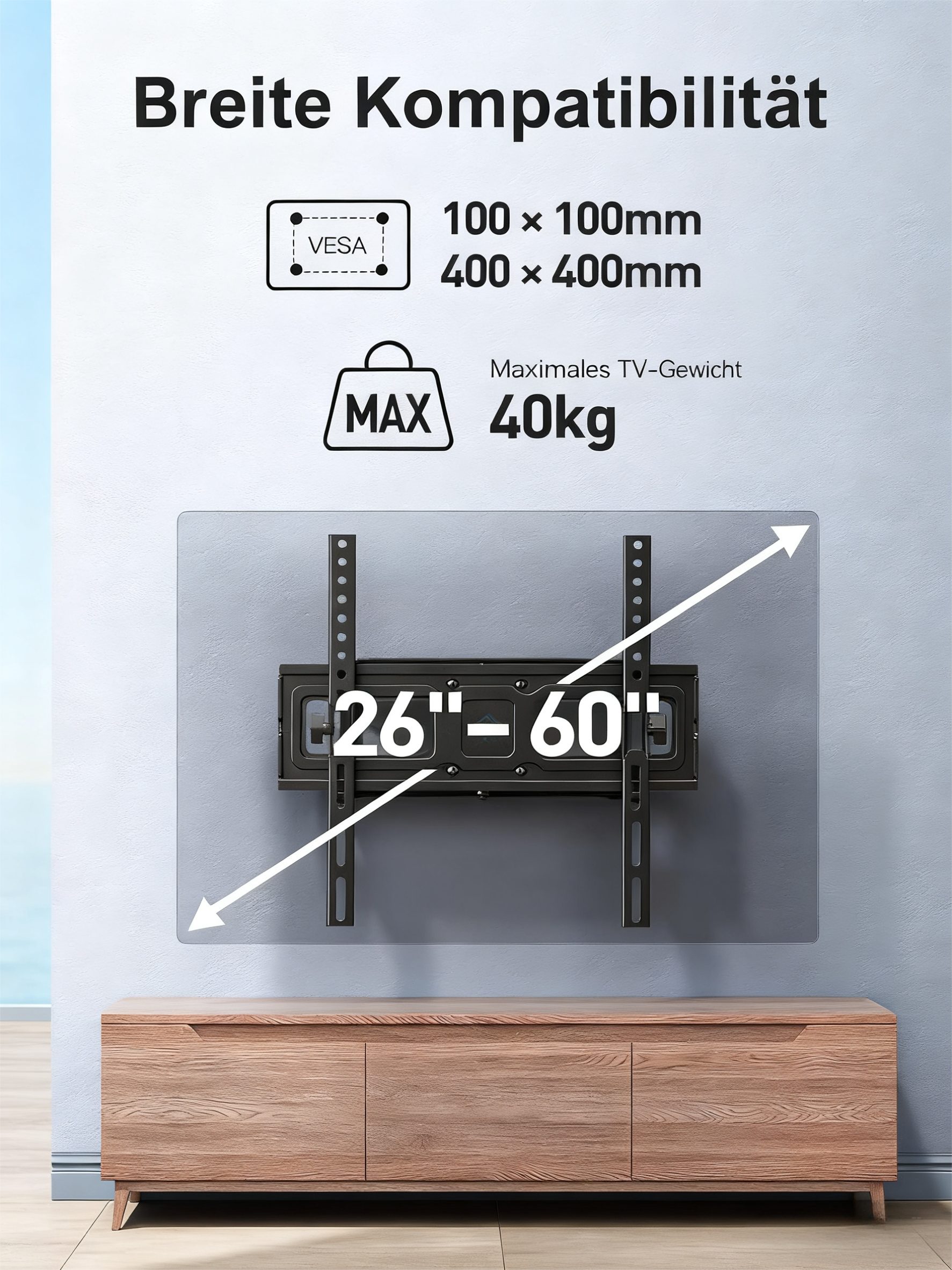 PERLESMITH TV-Wandhalterung TV-Halterung, schwenkbare/neigbare Wandhalterung für 26 - 60Zoll, (bis 60 Zoll, Maximale Tragfähigkeit 40 kg)