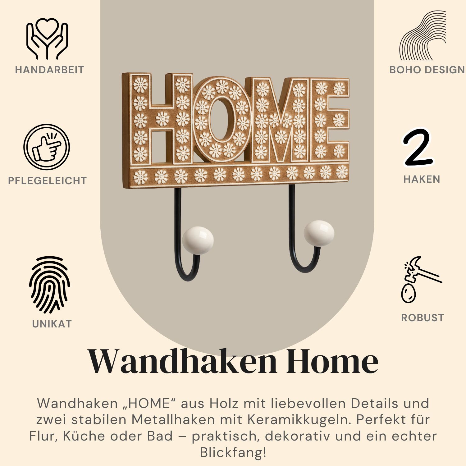 Marrakesch Orient & Mediterran Interior Kleiderhaken Wandhaken HOME aus Holz & Keramikknöpfen, Flur Deko Hakenleiste 18cm, (1-St), ohne Boren