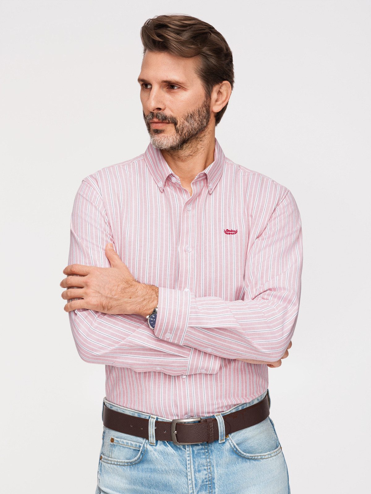 OMBRE Streifenhemd Herren Regular Fit Streifenhemd Casual Pink L (kein Set, 1-tlg) Kontrast-Branding