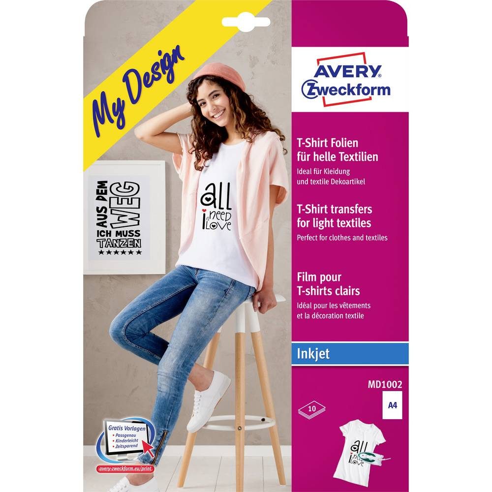Avery Zweckform Etikettenpapier Avery ZweckformTransferfolien für helle Textilien, 210 x 297 MD1002, für helle Textilien, Optimiert für Tintenstrahl