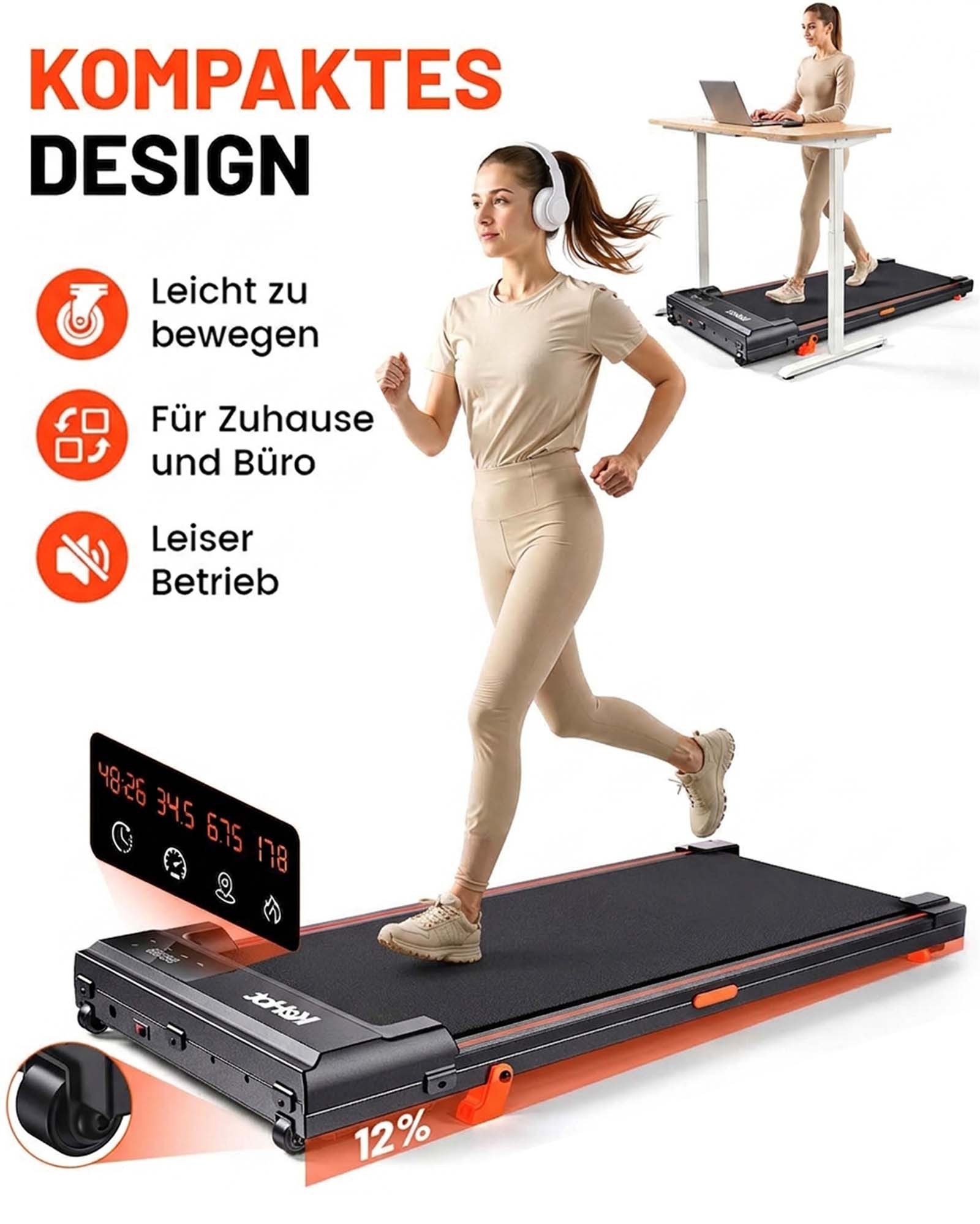 kehot Laufband Walking Pad mit 12 % Steigung für Cardio-Training zuhause (Flach oder mit 12 % Steigung für abwechslungsreiches Walking, Ultraflach mit nur 10 cm Höhe und platzsparend verstaubar), LED-Display, Fernbedienung und ideal für Homeoffice & Zuhause