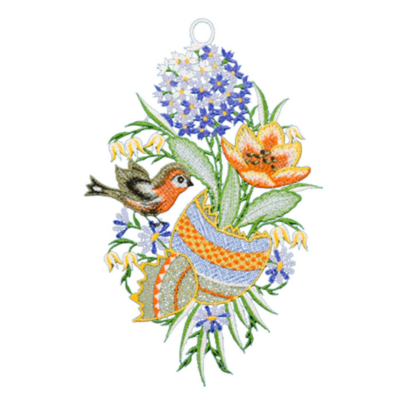 W. Reuter & Sohn - Plauener Spitze® Fensterdekoration Fensterbild "Osterei und Vogel", farbig, 22 x 34 cm, Plauener Spitze