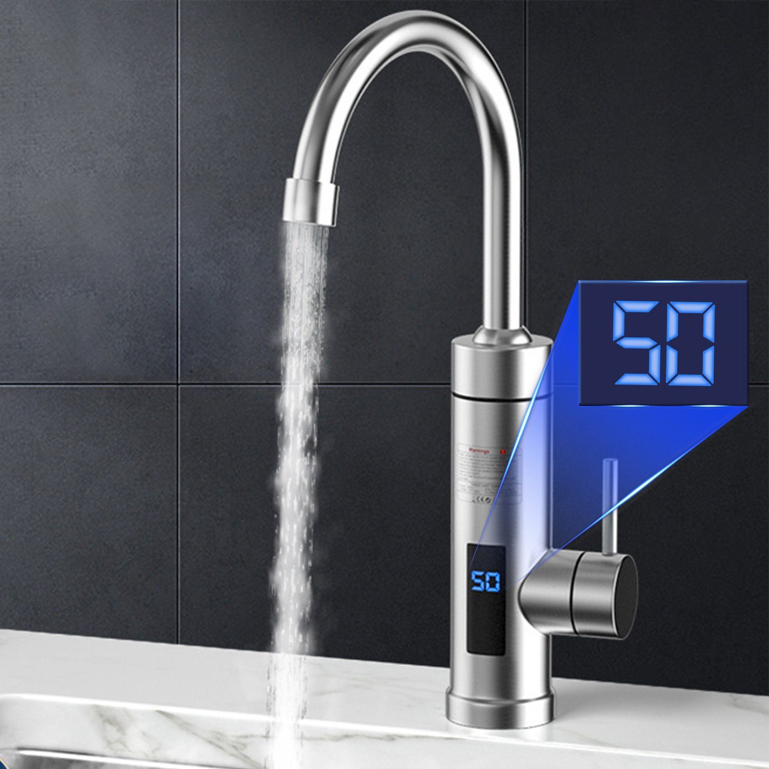 Vicbuy Küchenarmatur Elektrischer Wasserhahn 30-60° Temperaturanzeige (Edelstahl 304, 360° drehbar) LED Anzeige, 3-Sekunden-Aufheizung, 3000W, (ohne Anschlussschlauch)