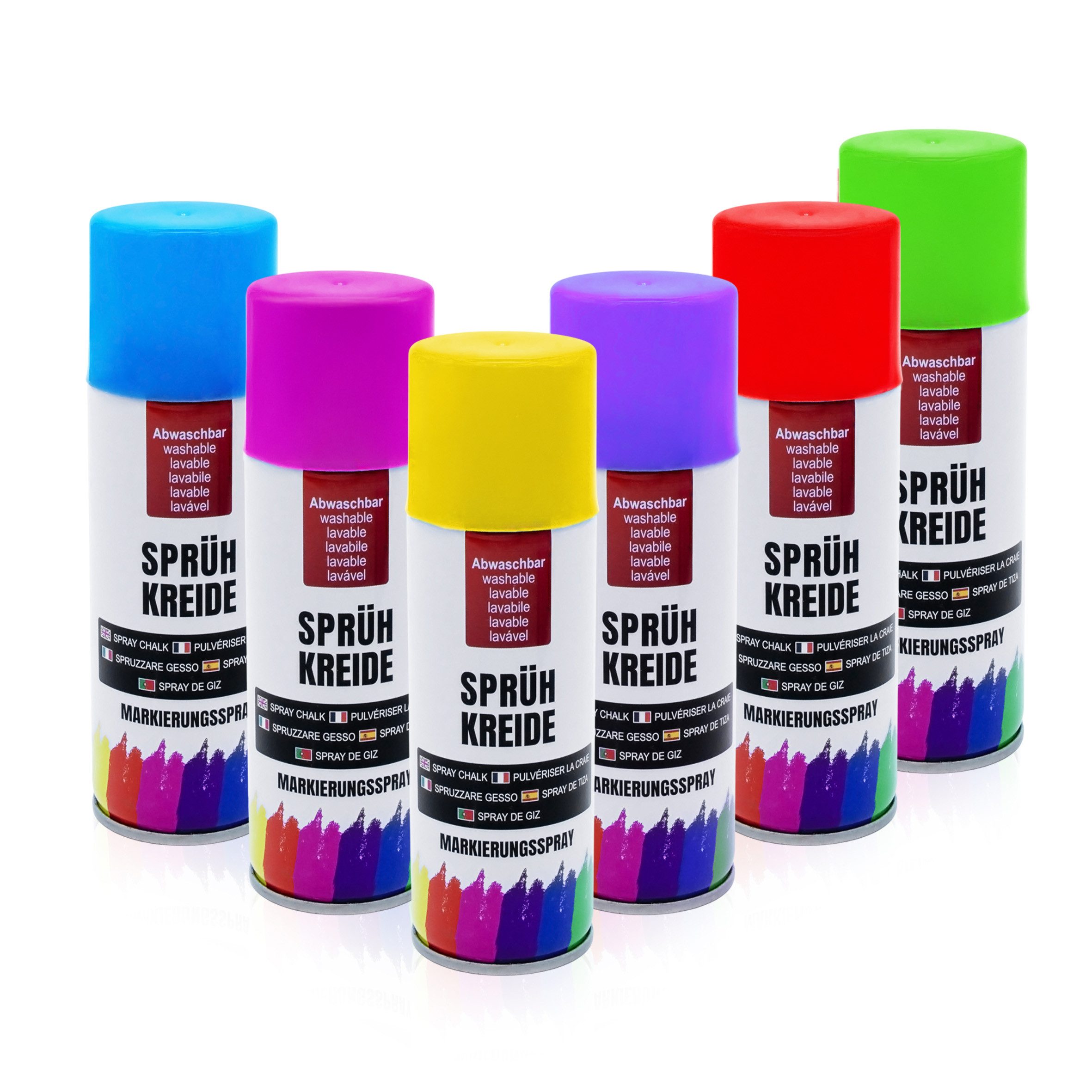 Spetebo Kreidespray Sprüh Kreide 6 bunten Farben 100 ml Dose - 6er Set, Flüssig Markierungs Spray