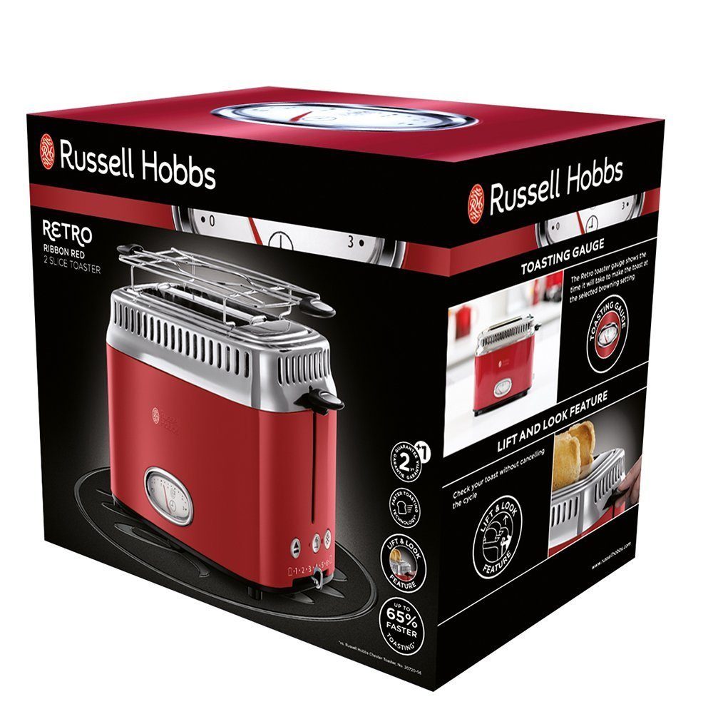 RUSSELL HOBBS Toaster Retro Ribbon Red 21680-56 2 Scheiben 6 Stufen 1300 W, 2 kurze Schlitze, für 2 Scheiben, 1300 W