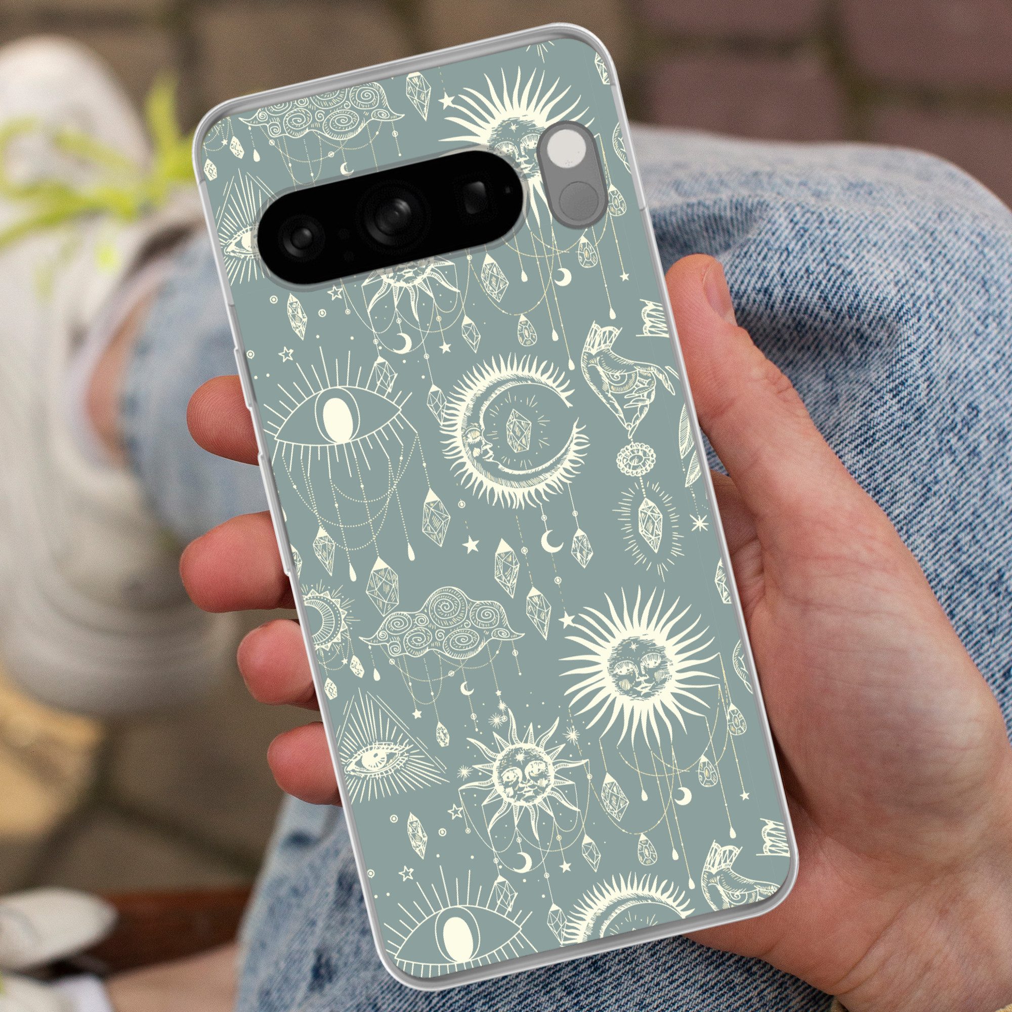 MuchoWow Handyhülle für Google Pixel 8 Pro Boho - Druck - Blau - Sonne - Augen - Zen, Phone Case, Silikon, Schutzhülle Dünn