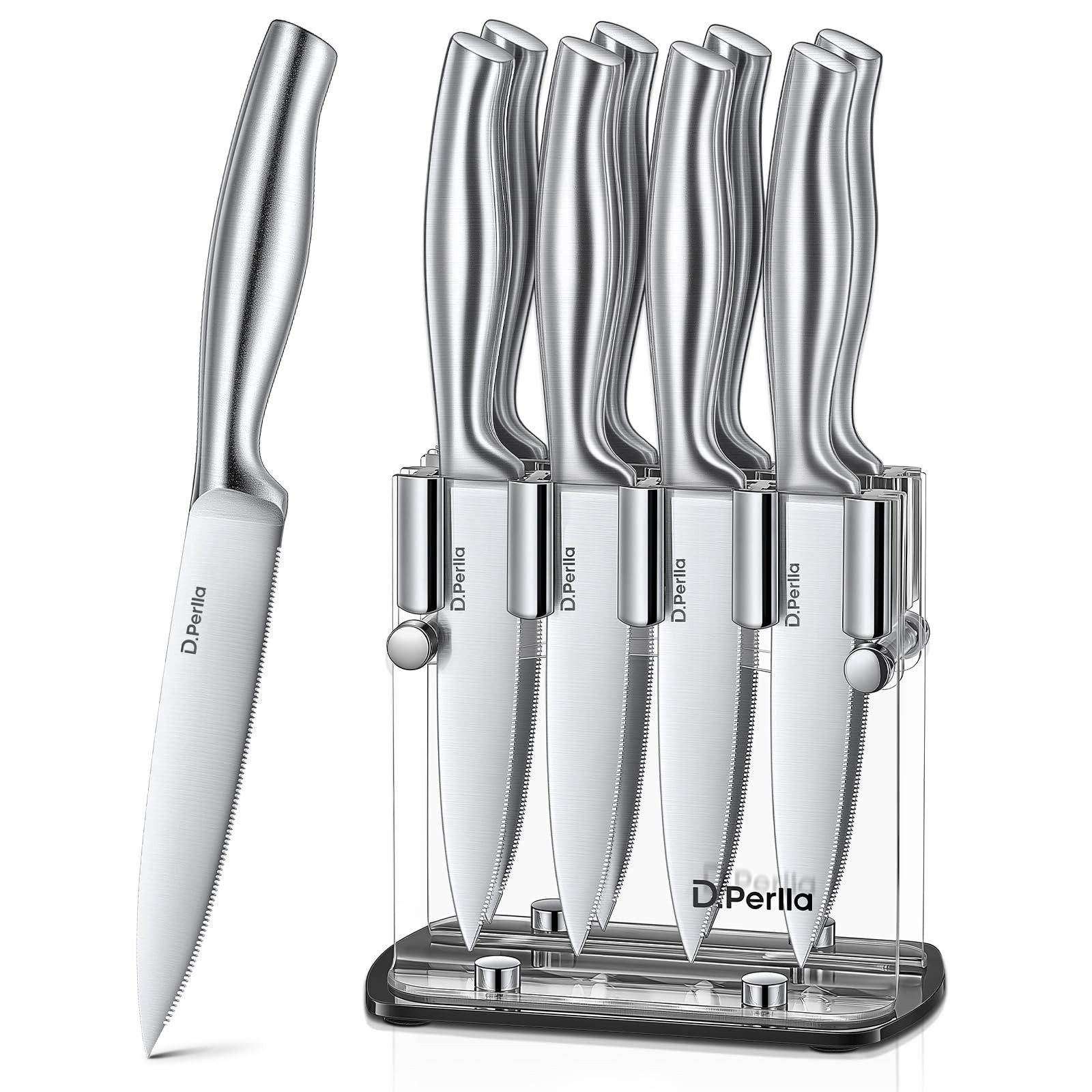 D.Perlla Steakmesser Steakmesser-Set aus Edelstahl, 12-teilig, mit Mikro-Wellenschliff (9 Stück), gebogener, ergonomischer Griff, einteilige Konstruktion aus Edelstahl