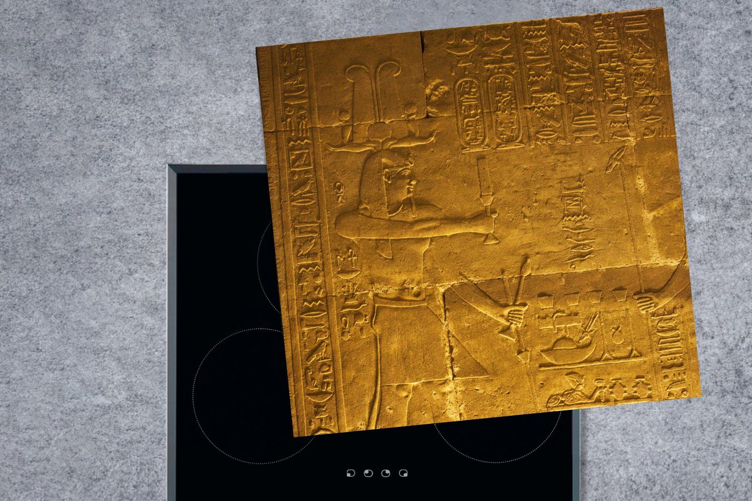 78x78 cm, MuchoWow Tempel Ceranfeldabdeckung, im mit des Arbeitsplatte küche Steinwand für (1 tlg), Horus, Vinyl, Zeichnungen Herdblende-/Abdeckplatte