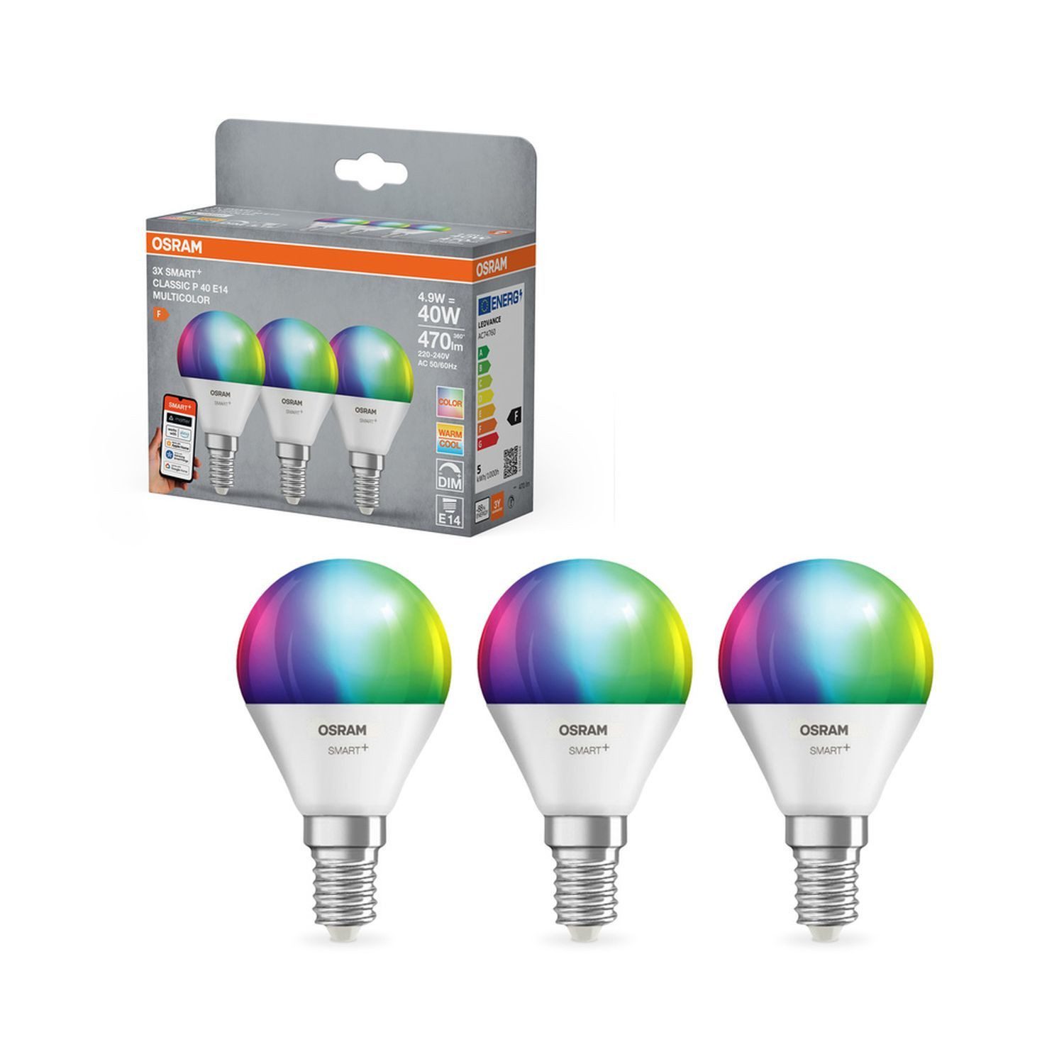 Licht-Erlebnisse LED-Leuchtmittel LAMP, E14, Birne E14 3er Set RGB CCT 470 lm Smart Home App dimmbar Matter