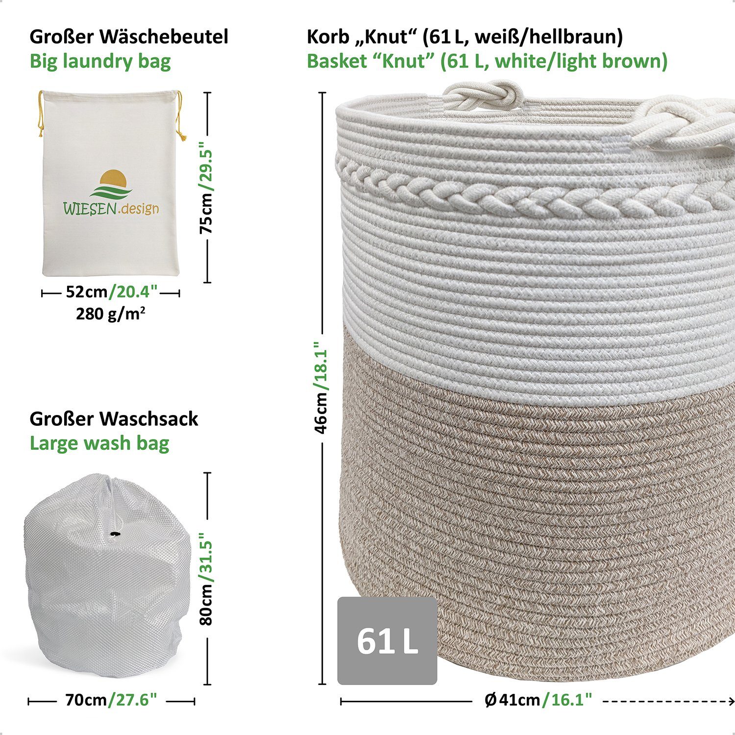 WIESEN.design gratis Hellbraun/Weiß, großem Knut und geflochten, Versand Waschsack Wäschekorb Aufbewahrungskorb Baumwolle, schwerem 100% Wäschesack, inkl.