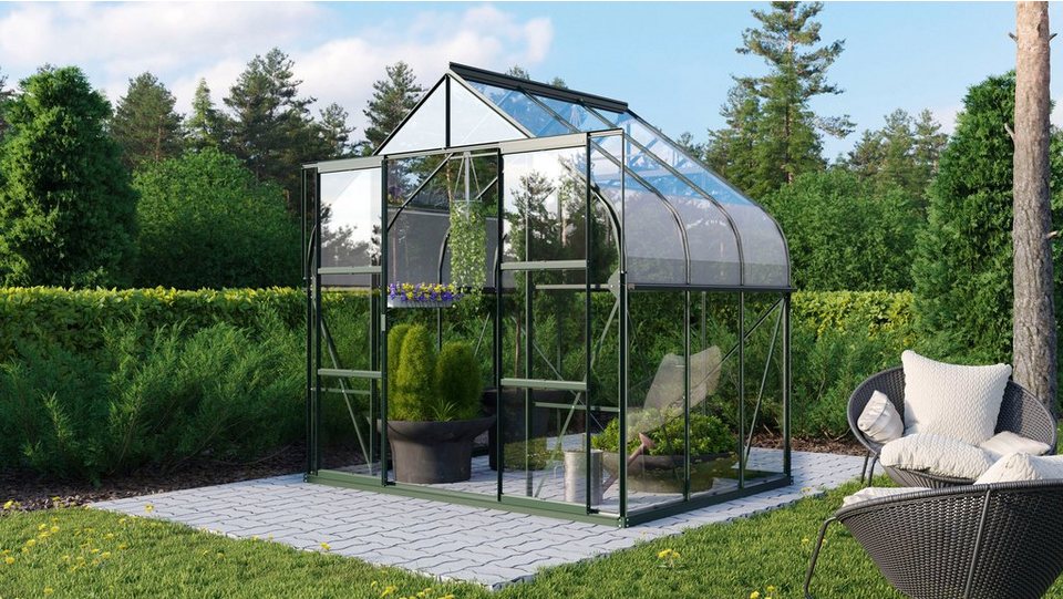Vitavia Gewächshaus »Dione 5000 smaragd«, BxTxH: 264 x 195 x 124 cm, 3 mm Wandstärke, Set, inkl. Fundamentrahmen, Dachlüfter und Min-Max-Thermometer