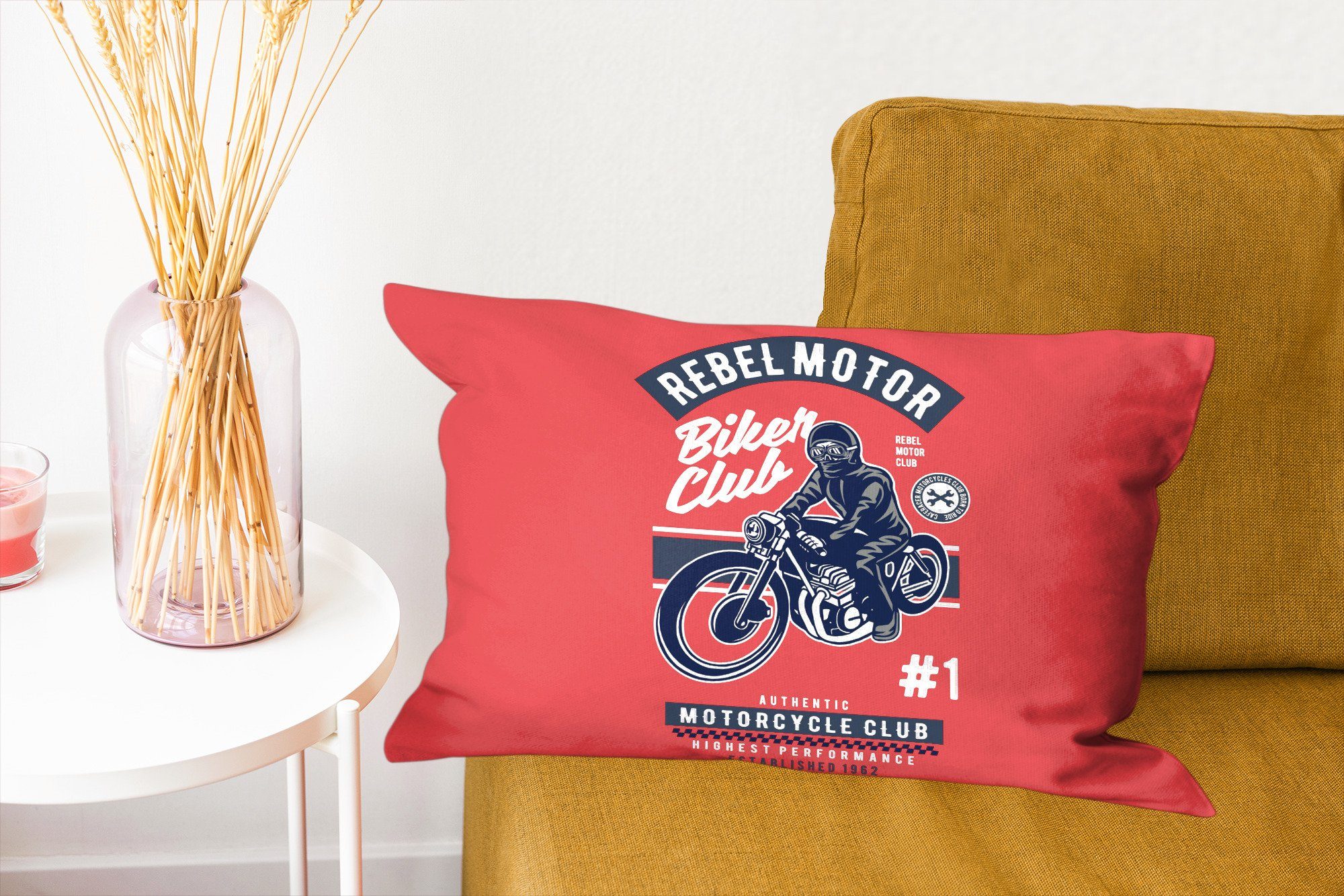 Dekoration, Retro Dekokissen - Schlafzimmer - Füllung, Zitat, Zierkissen, MuchoWow mit Motorrad Mann Dekokissen Wohzimmer -