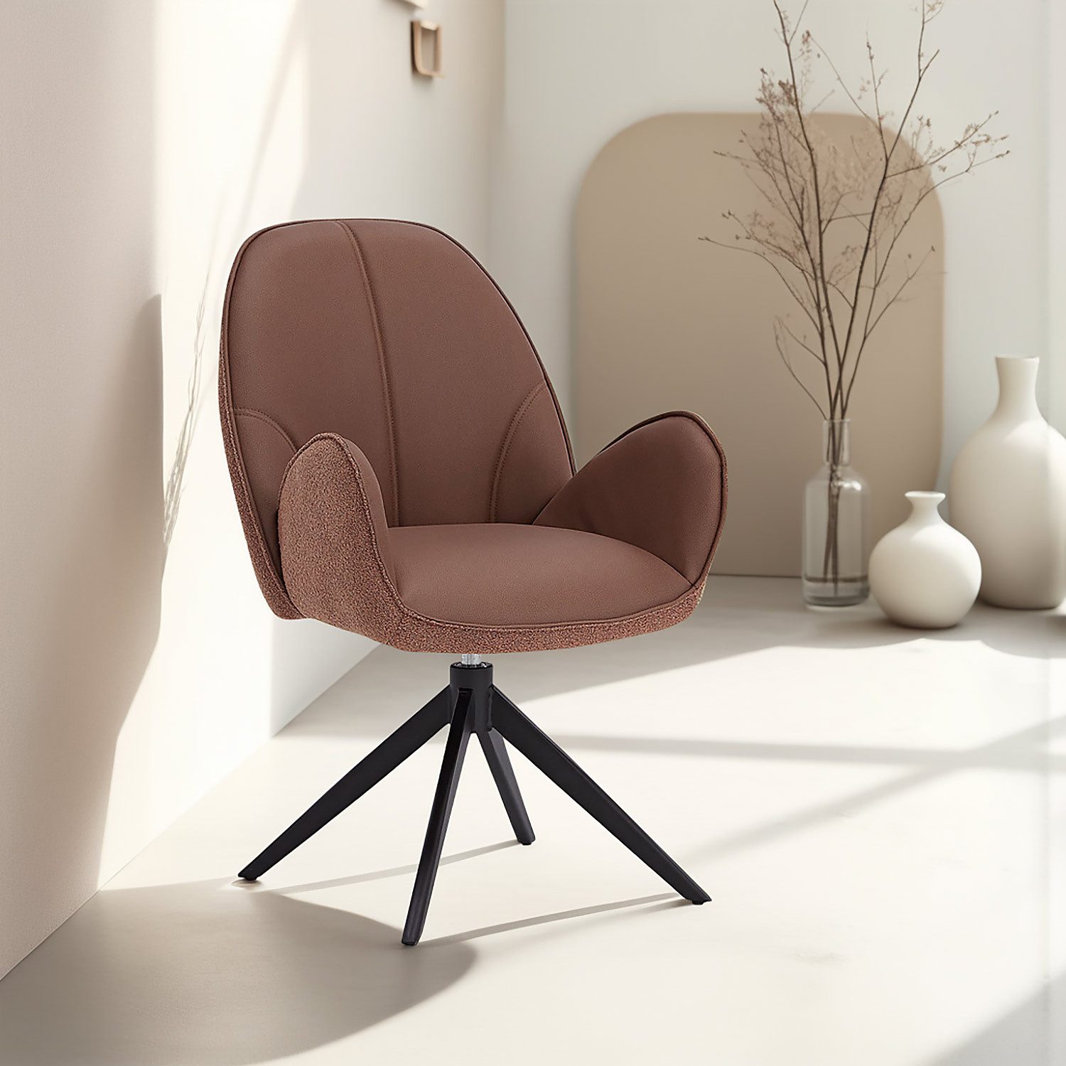 Homestyle4u Armlehnstuhl Esszimmerstuhl Bouclé Drehbar Braun Rückschwung Lounge Vintage (1 Stuhl, Braun/Mocha Mousse, außen Bouclé Bezug, innen Kunstleder, drehbar, Rückschwung Funktion, 1 St), Essstuhl