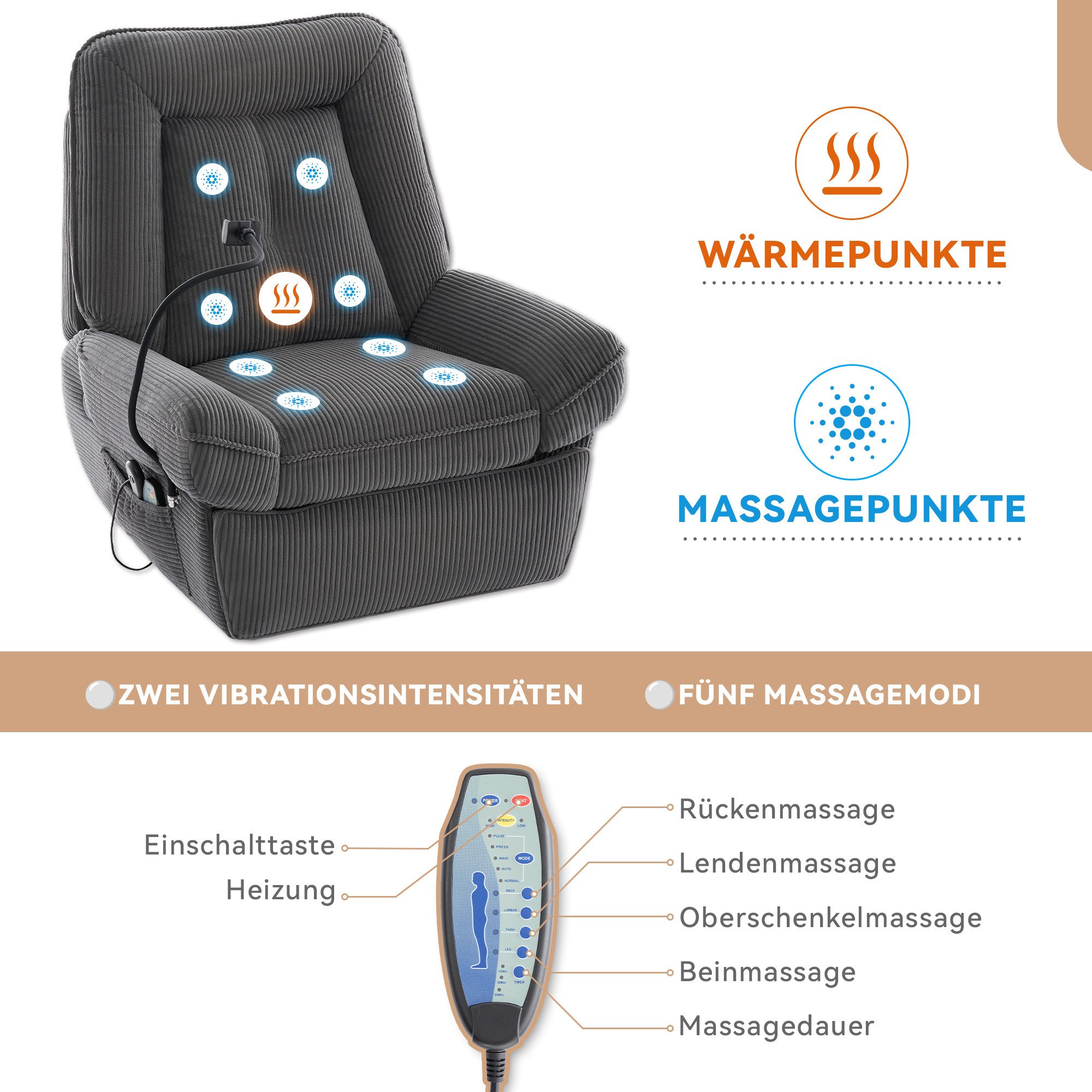 Merax Massagesessel 360° Drehbar, Elektrischer TV-Sessel mit Heizfunktion & Liegefunktion (92 x 91 x 104 cm, 1-St), Relaxsessel mit USB-Anschluss & Handyhalterung,Schaukelstuhl,Cordbezug