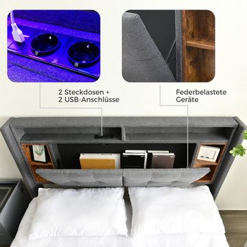 BlingBin Polsterbett Doppelbett Stauraum-Kopfteil mit aufladen USB und LED 140×200CM (Jugendbett Lattenrost aus Holz), Gesamtabmessung: 223 x 149 x107 cm (TxBxH)