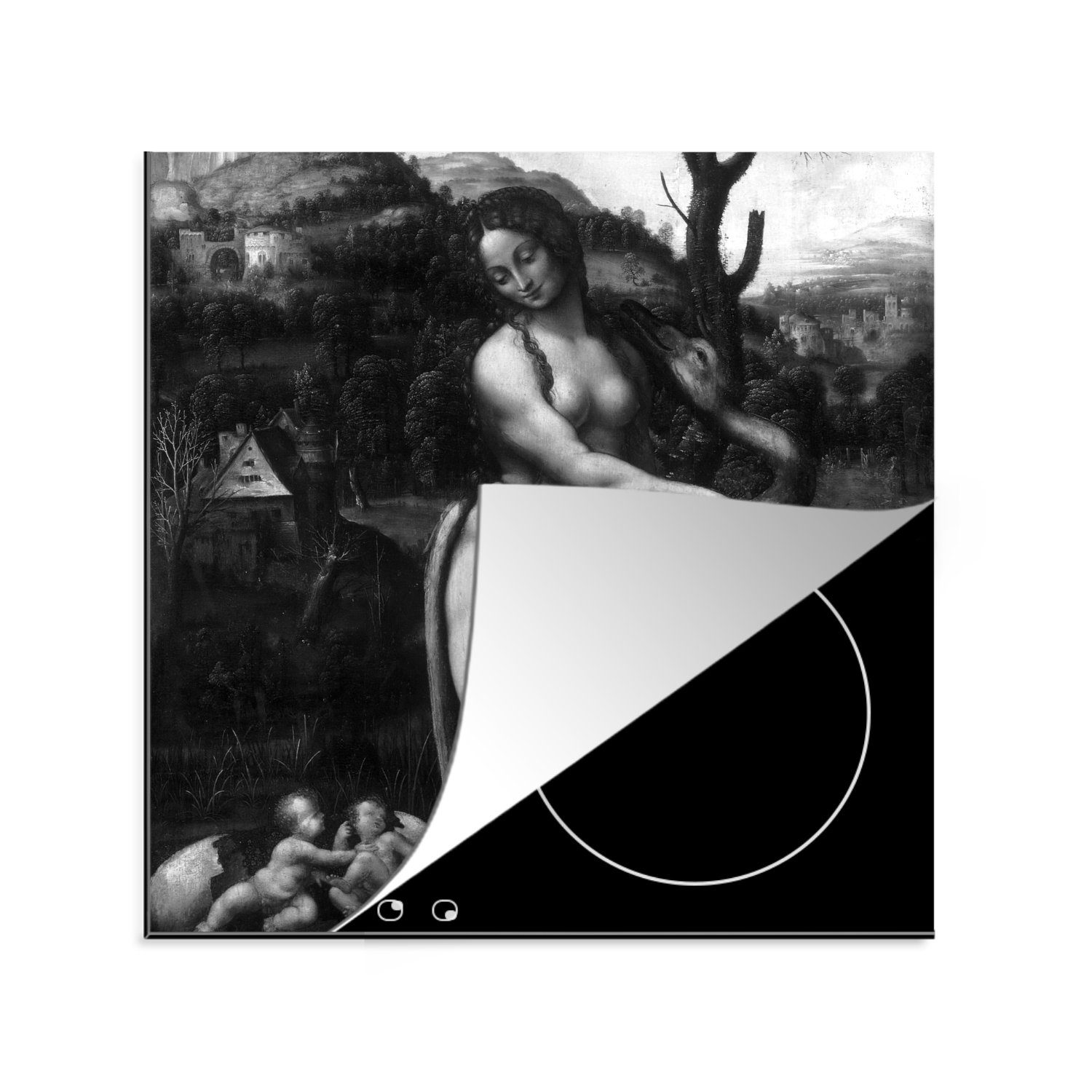 MuchoWow Herdblende-/Abdeckplatte Leda und der Schwan - Leonardo da Vinci - schwarz und weiß, Vinyl, (1 tlg), 78x78 cm, Ceranfeldabdeckung, Arbeitsplatte für küche