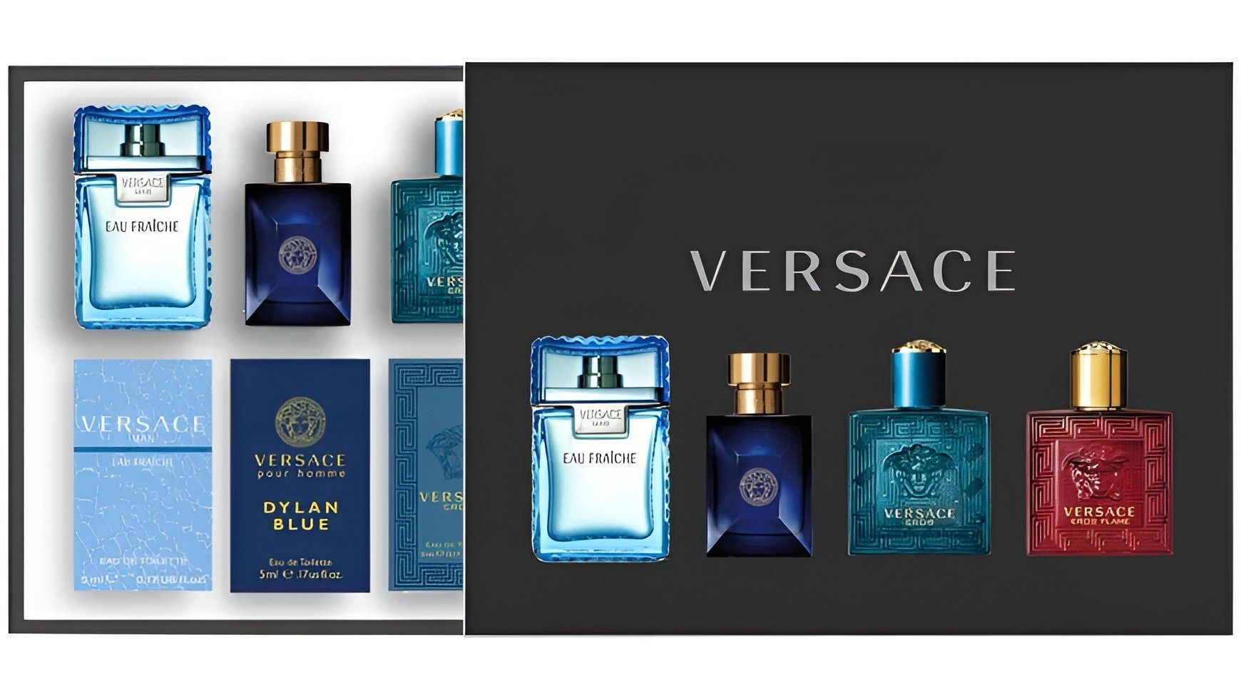 Duft-Set Eros de Eau pour Eros Man Parfum, Eau Eros Set Homme Versace Versace für Miniaturen Man Herren, Flame Versace Fraîche, Versace 4-tlg.,