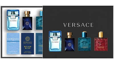 Versace Duft-Set Eau de Parfüm Versace Dylan Blue Man Eros Miniaturen Pour Homme Herren, 4-tlg., Eros Flame Eau de Parfum, Man Eau Fraîche, Versace Eros