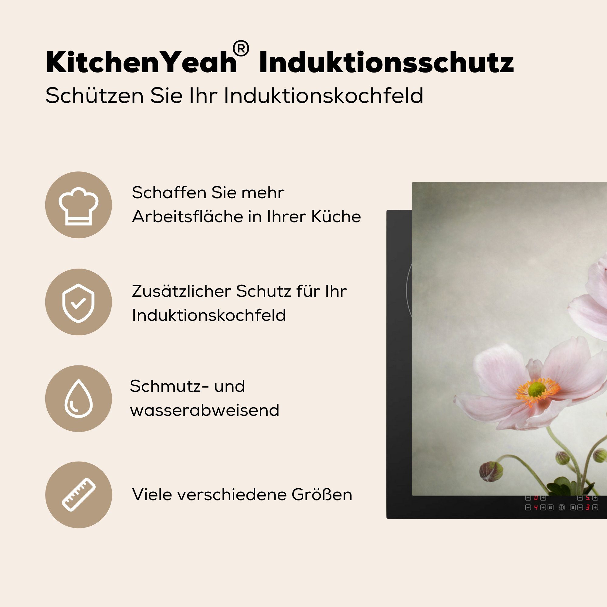 - Stillleben küche 81x52 - Ölfarbe MuchoWow Herdblende-/Abdeckplatte - Arbeitsplatte Blumen Vinyl, (1 Mohn Ceranfeldabdeckung, Rosa, cm, tlg), für -