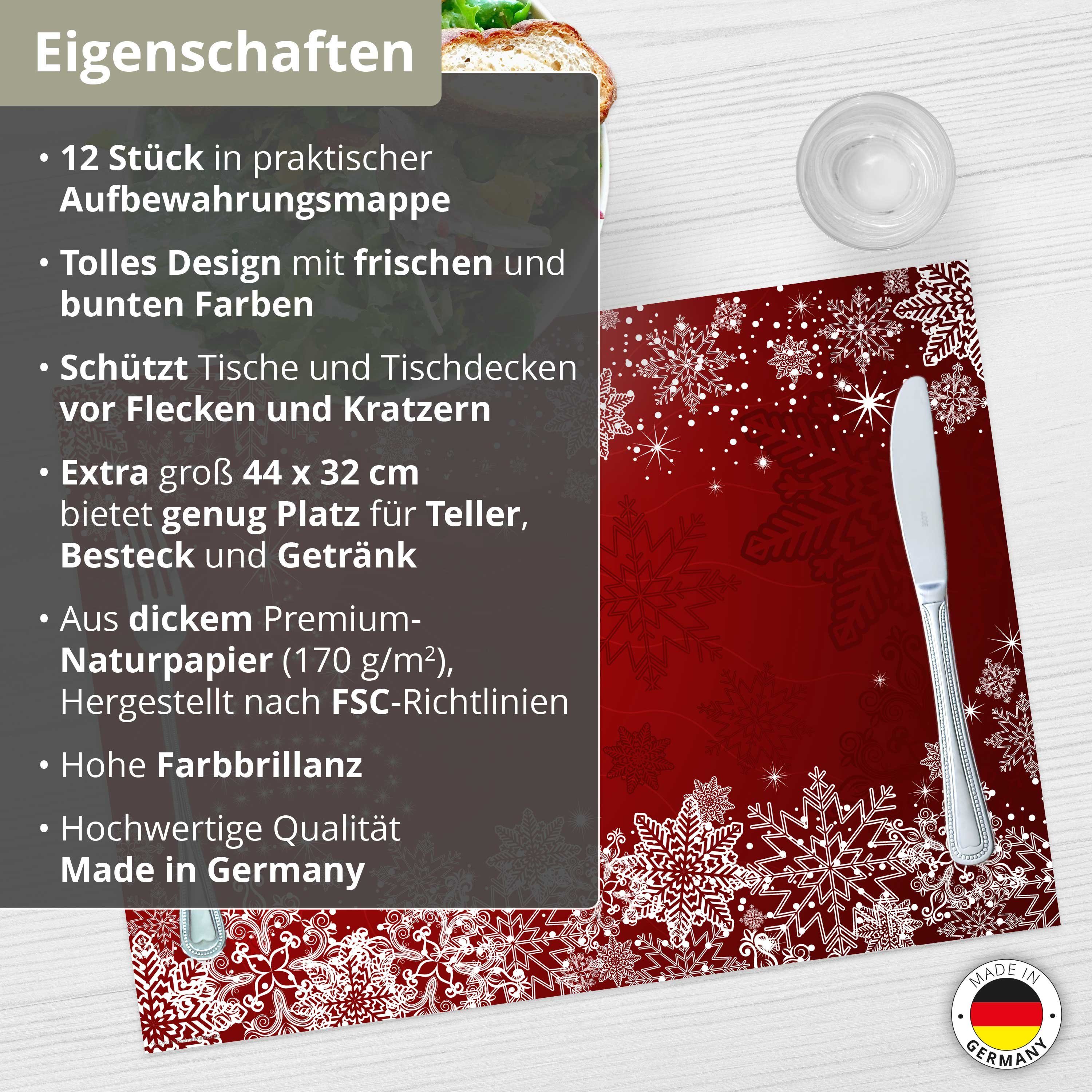Tischsetmacher Platzset Tischsets I Platzsets - Weihnachten - Weihnachtsbaum & Schneekristalle, (aus Naturpapier in Aufbewahrungsmappe, 12-St., 44 x 32 cm / rot), Made in Germany