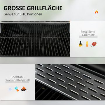 Outsunny Holzkohlegrill BBQ Grill mit zwei Grillrost, klappbar Seitenablage, Campinggrill, Grillwagen, für BBQ, Edelstahl, Schwarz, 120 x 64 x 114 cm